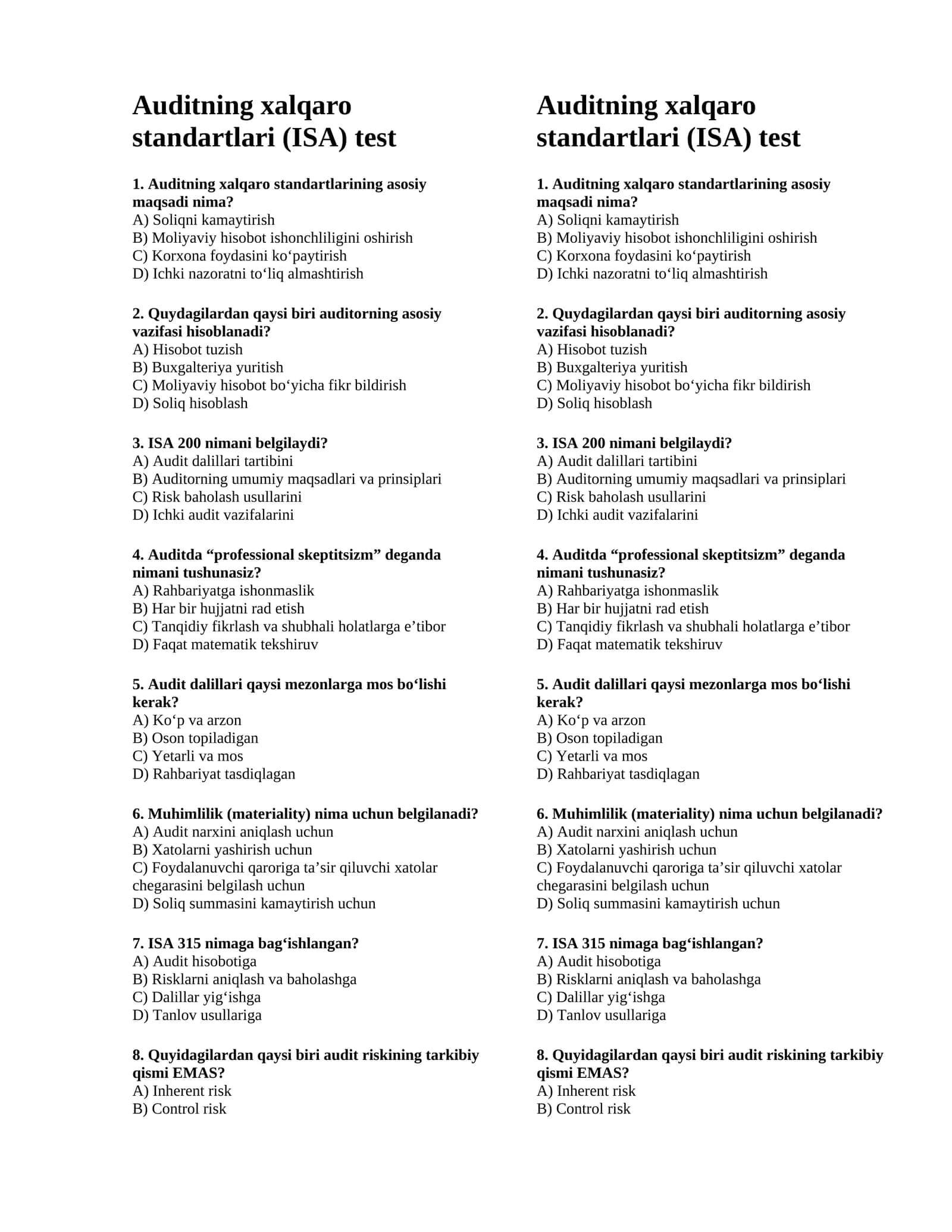 Auditning xalqaro standartlari bo'yicha tayyor test (o'zbek tilida)