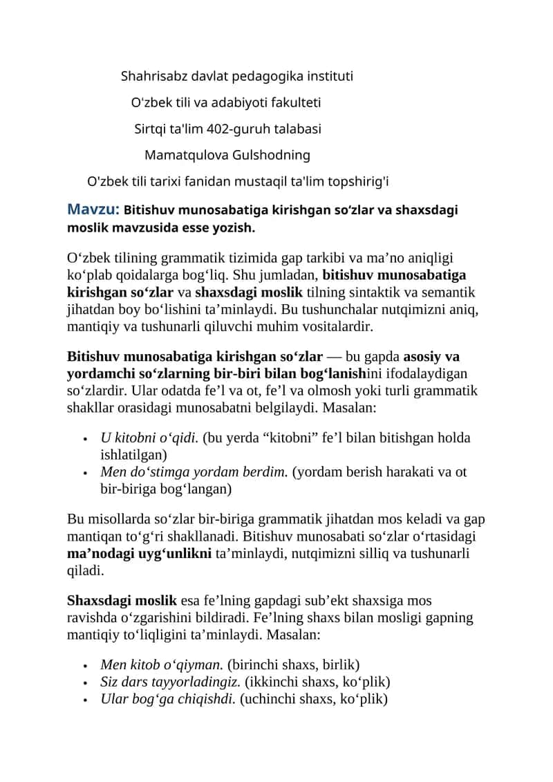 Bitishuv munosabatiga kirishgan so‘zlar va shaxsdagi moslik mavzusida esse yozish