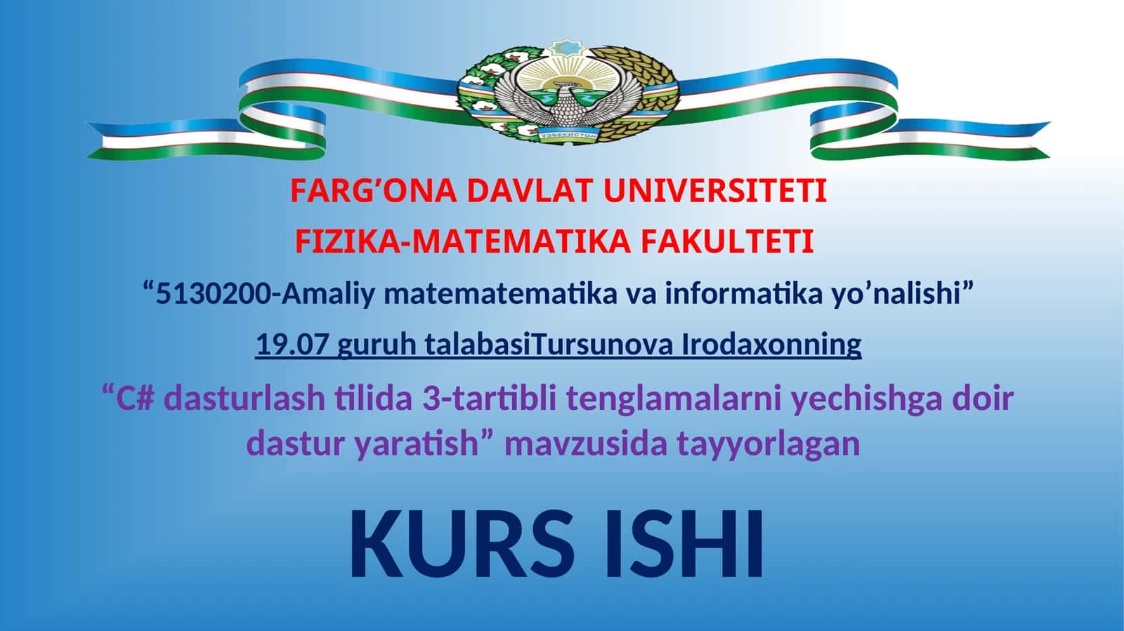 C# dasturlash tilida 3-tartibli tenglamalarni yechishga doir dastur yaratish