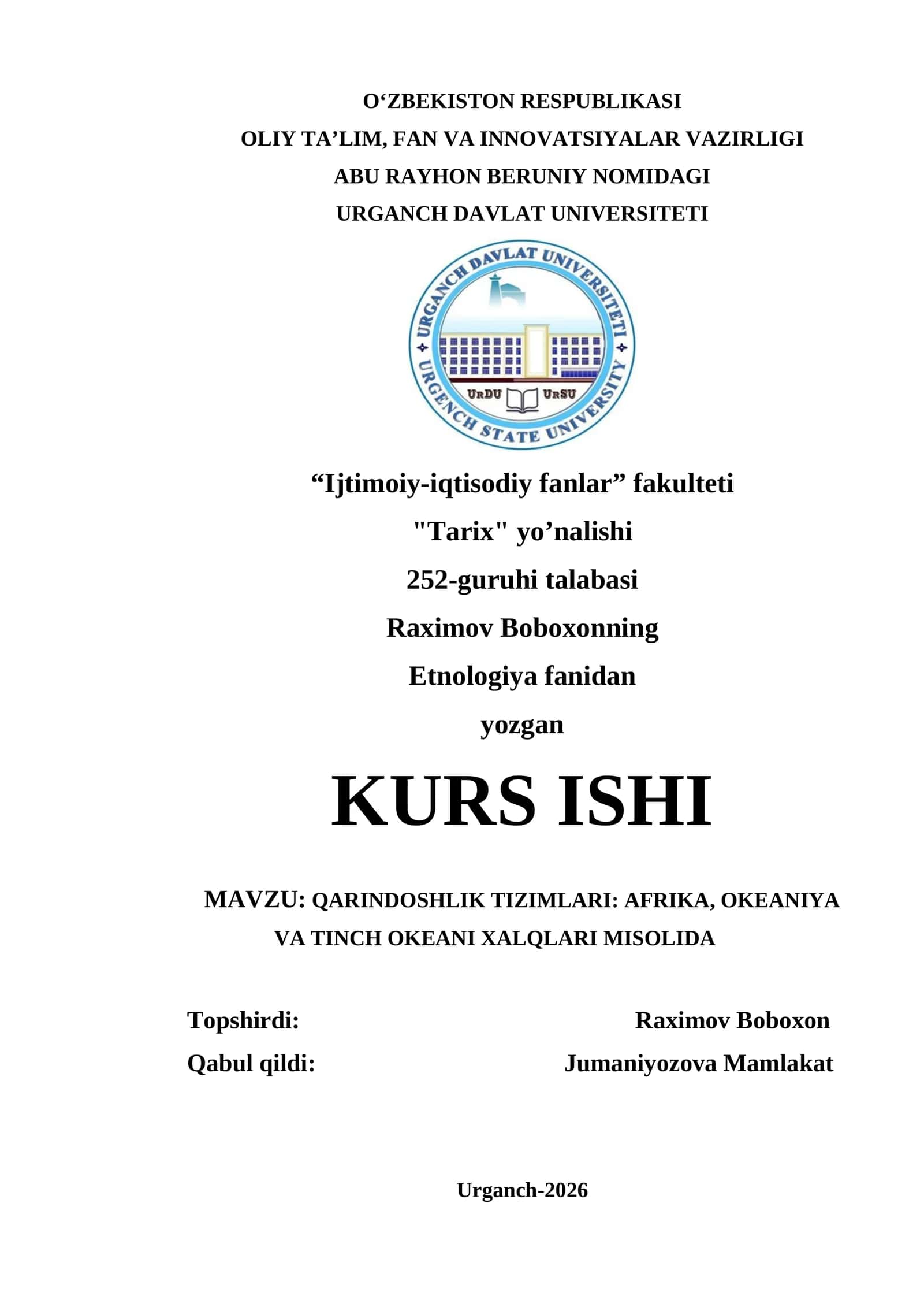 QARINDOSHLIK TIZIMLARI: AFRIKA, OKEANIYA VA TINCH OKEANI XALQLARI MISOLIDA