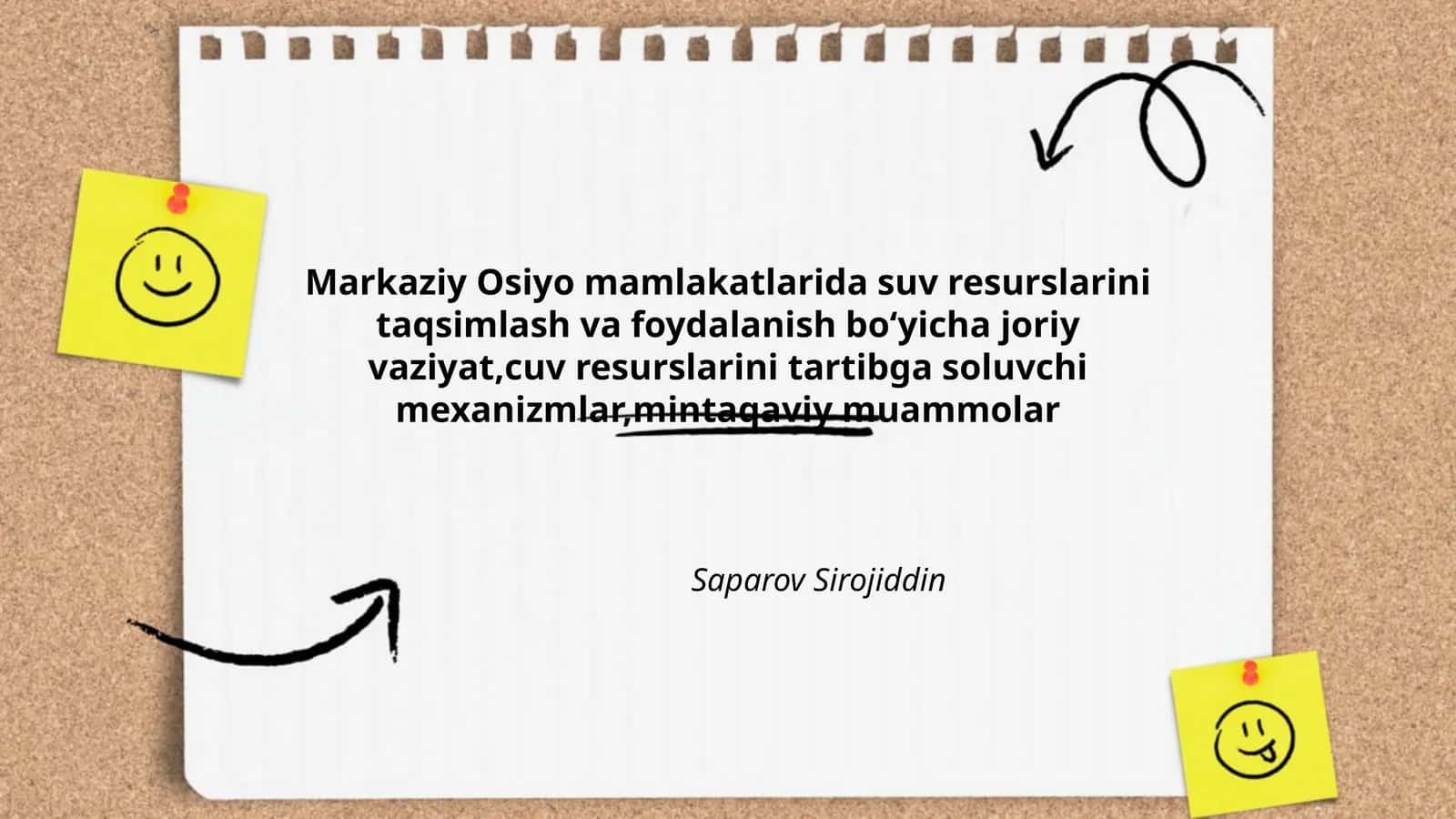 Markaziy Osiyo mamlakatlarida suv resurslarini taqsimlash va foydalanish boʻyicha joriy vaziyat,cuv resurslarini tartibga soluvchi mexanizmlar,mintaqaviy muammolar