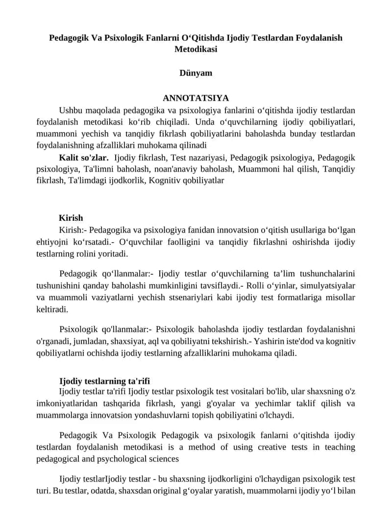 Pedagogik Va Psixologik Fanlarni O‘Qitishda Ijodiy Testlardan Foydalanish Metodikasi