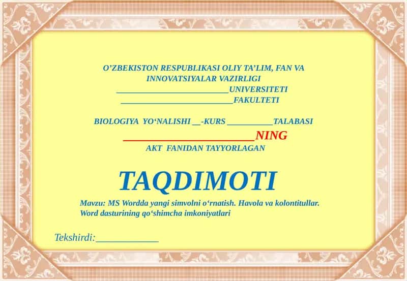MSWordda yangi simvolni o‘rnatish. Havola va kolontitullar