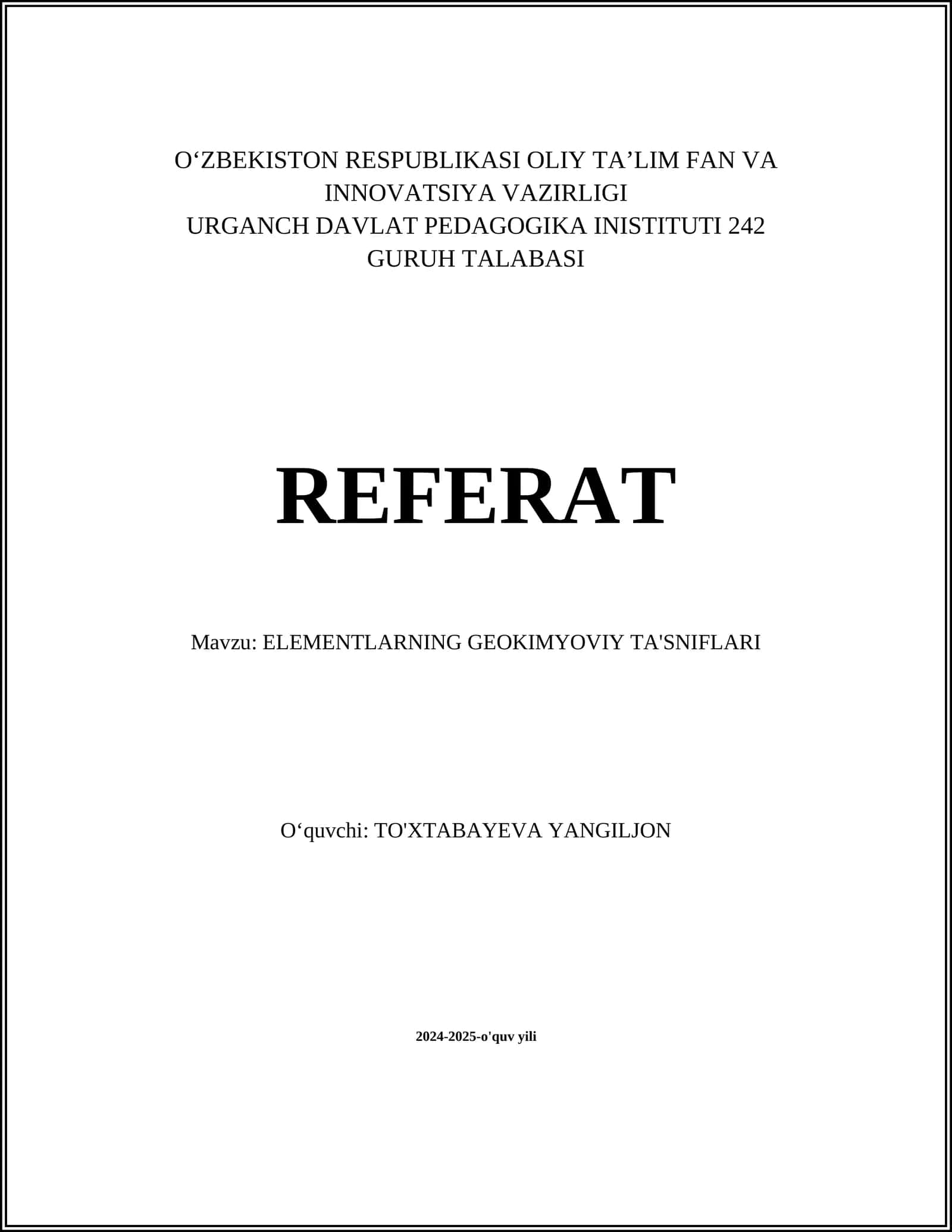 ELEMENTLARNING GEOKIMYOVIY TA'SNIFLARI