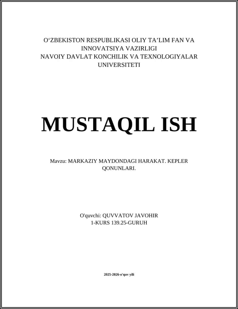 MARKAZIY MAYDONDAGI HARAKAT. KEPLER QONUNLARI