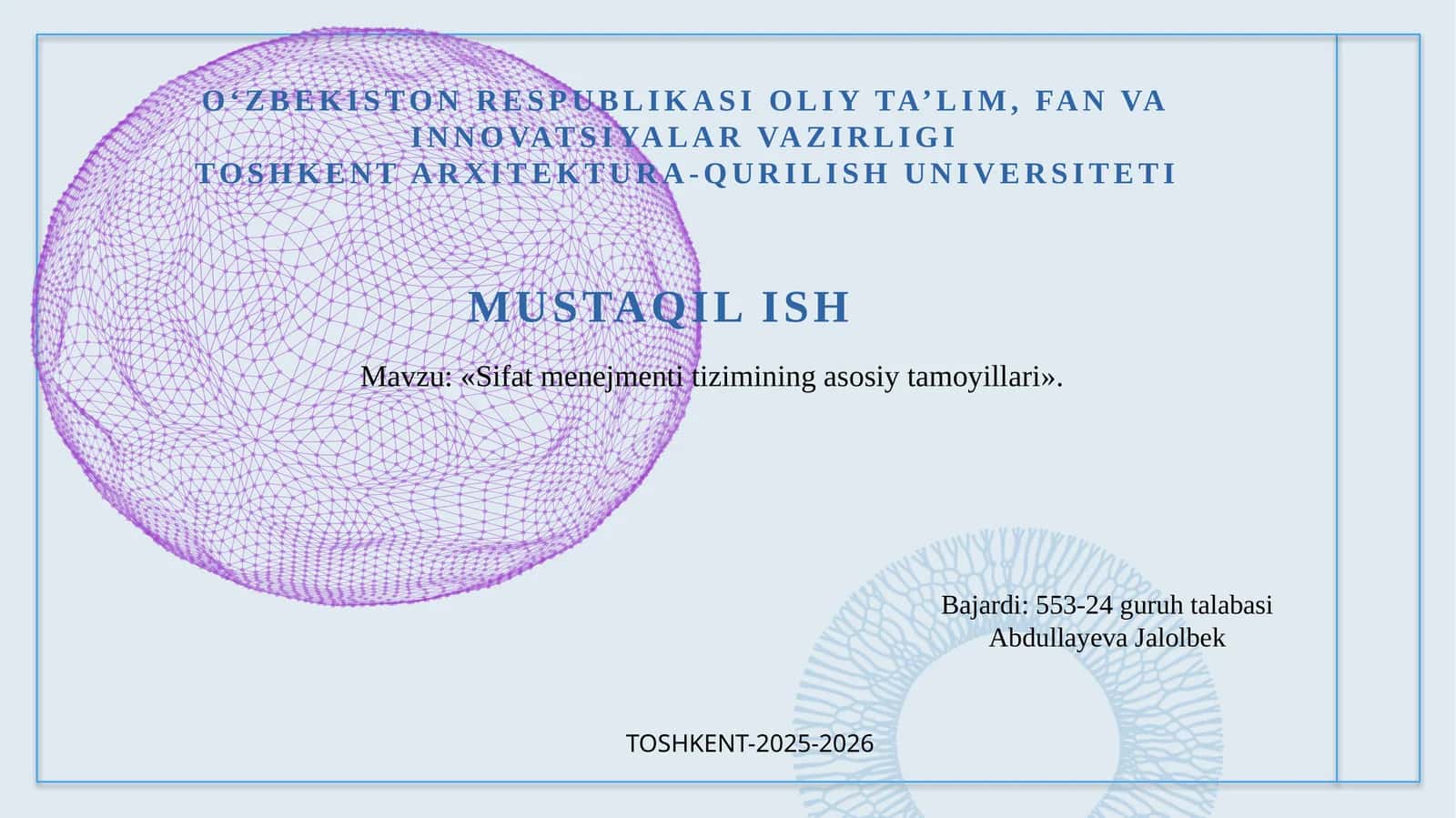 «Sifat menejmenti tizimining asosiy tamoyillari»