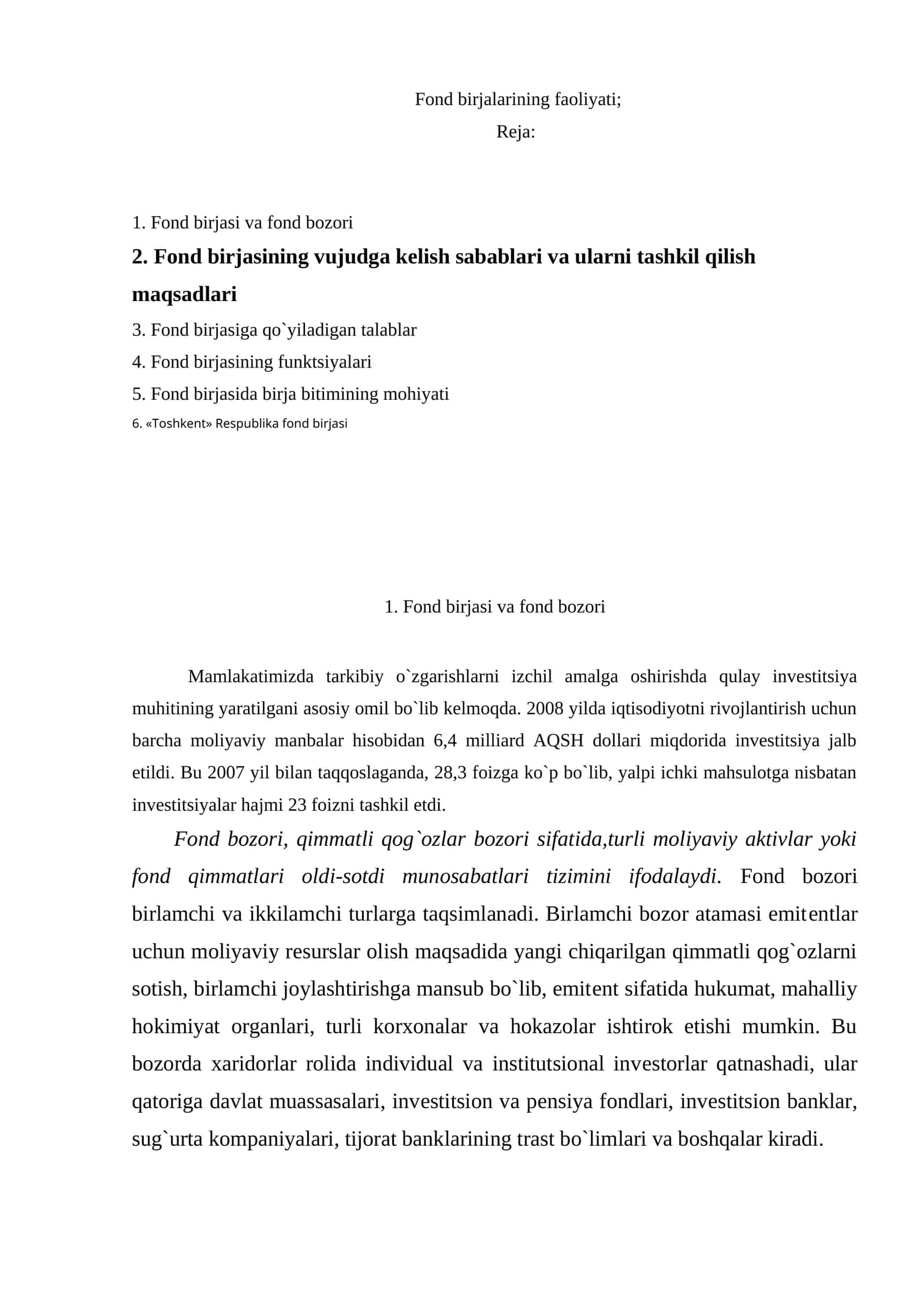 Fond birjalarining faoliyati
