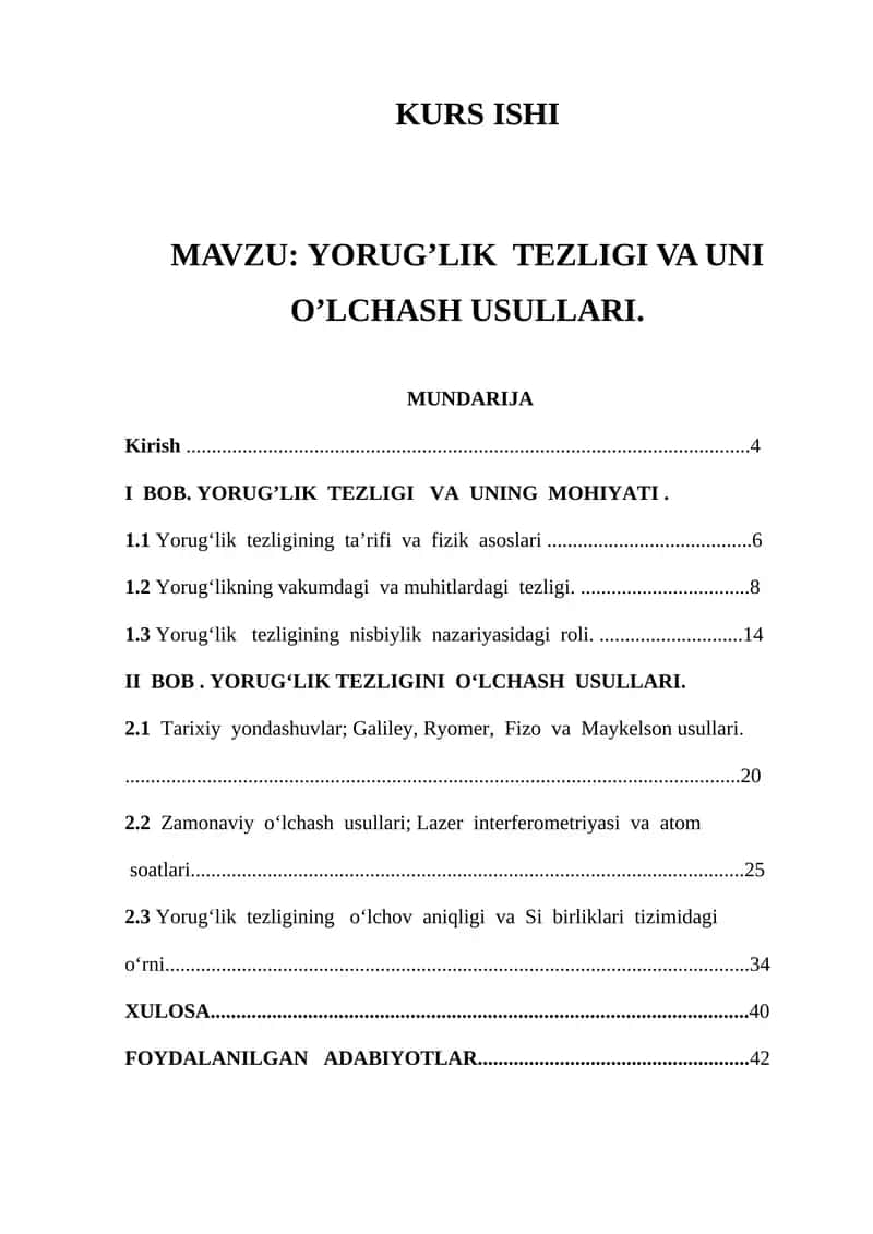 Yorug’lik Tezligi va Uni O’lchash Usullari