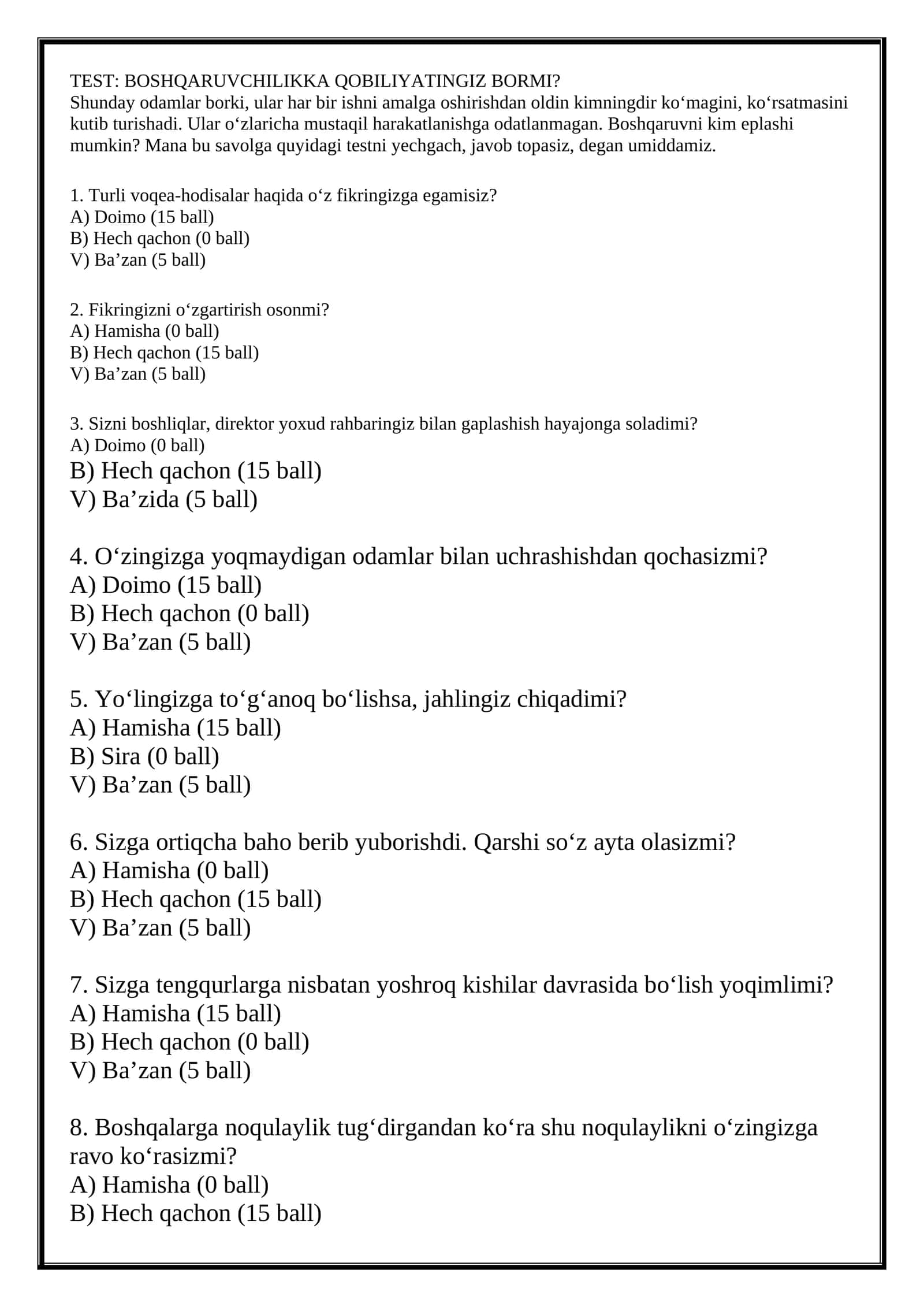 BOSHQARUVCHILIKKA QOBILIYATINGIZ BORMI?