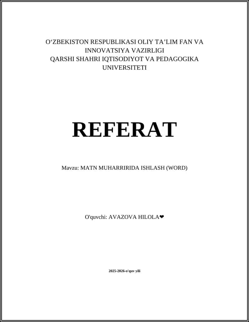 Word interfeysi va menyular
