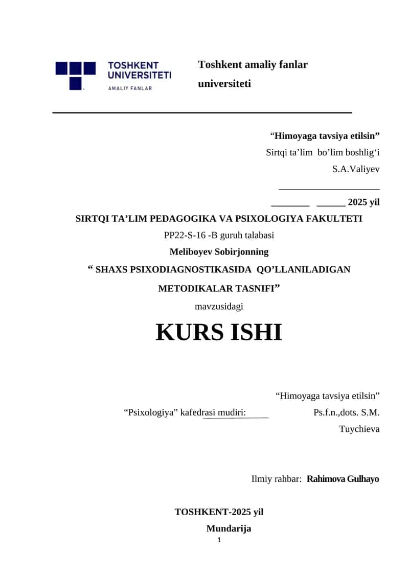 Shaxs psixodiagnostikasida qo’llaniladigan metodikalar tasnifi.