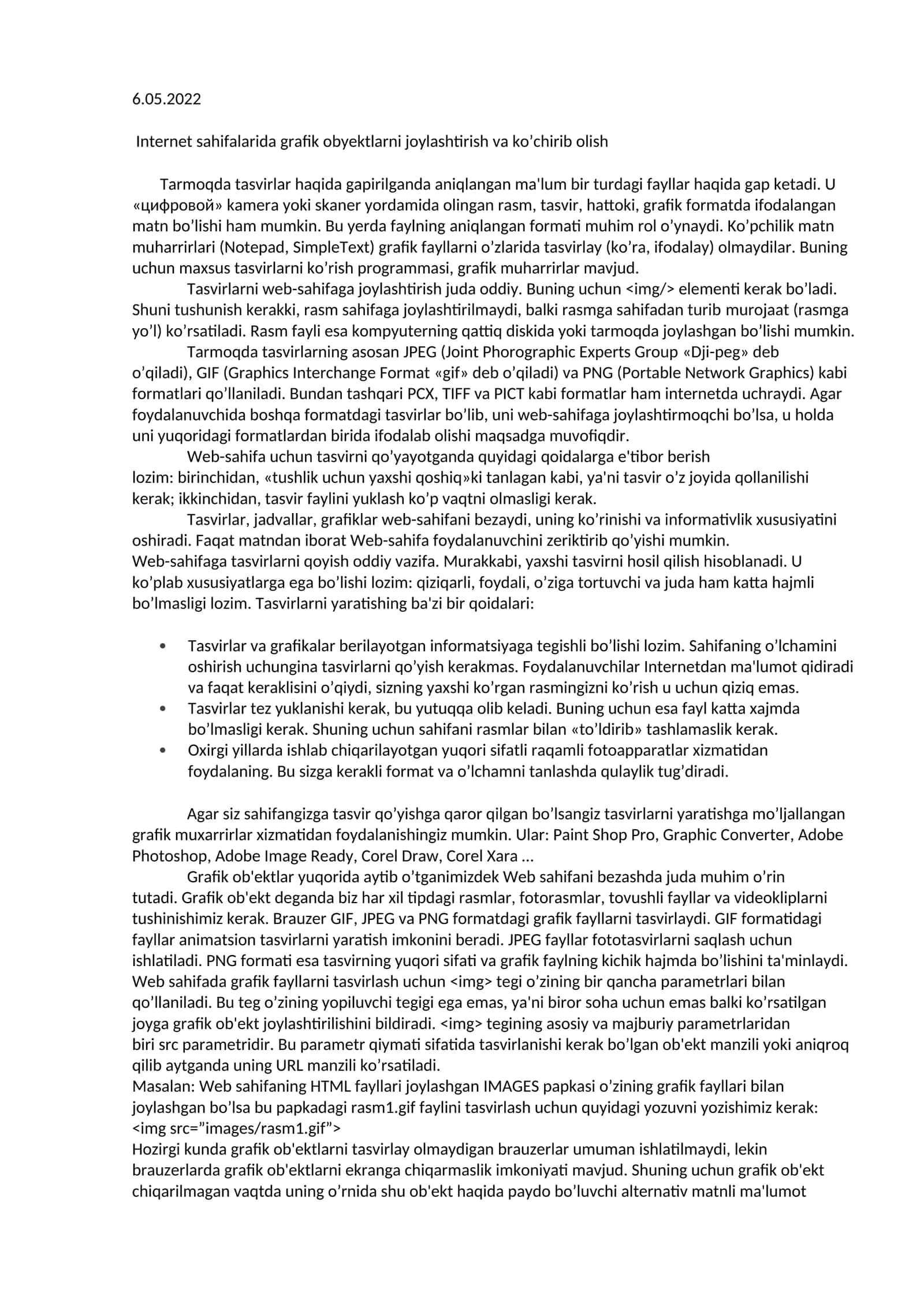 Internet sahifalarida grafik obyektlarni joylashtirish va ko’chirib olish