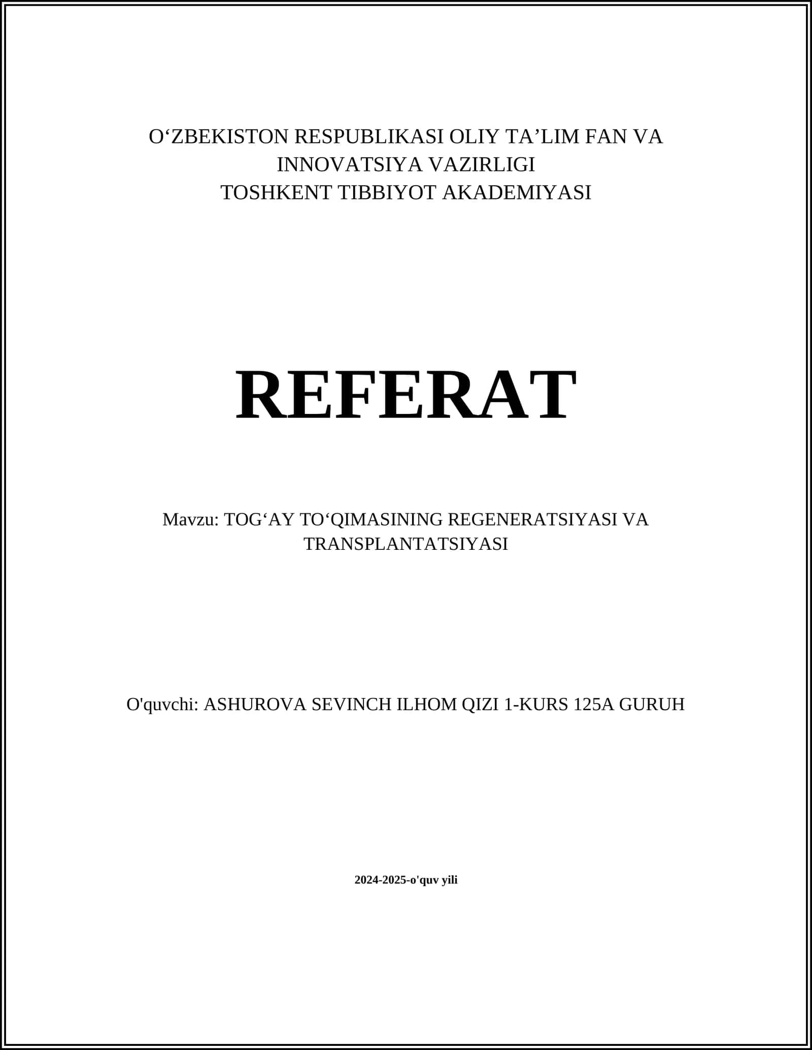 TOGʻAY TOʻQIMASINING REGENERATSIYASI VA TRANSPLANTATSIYASI