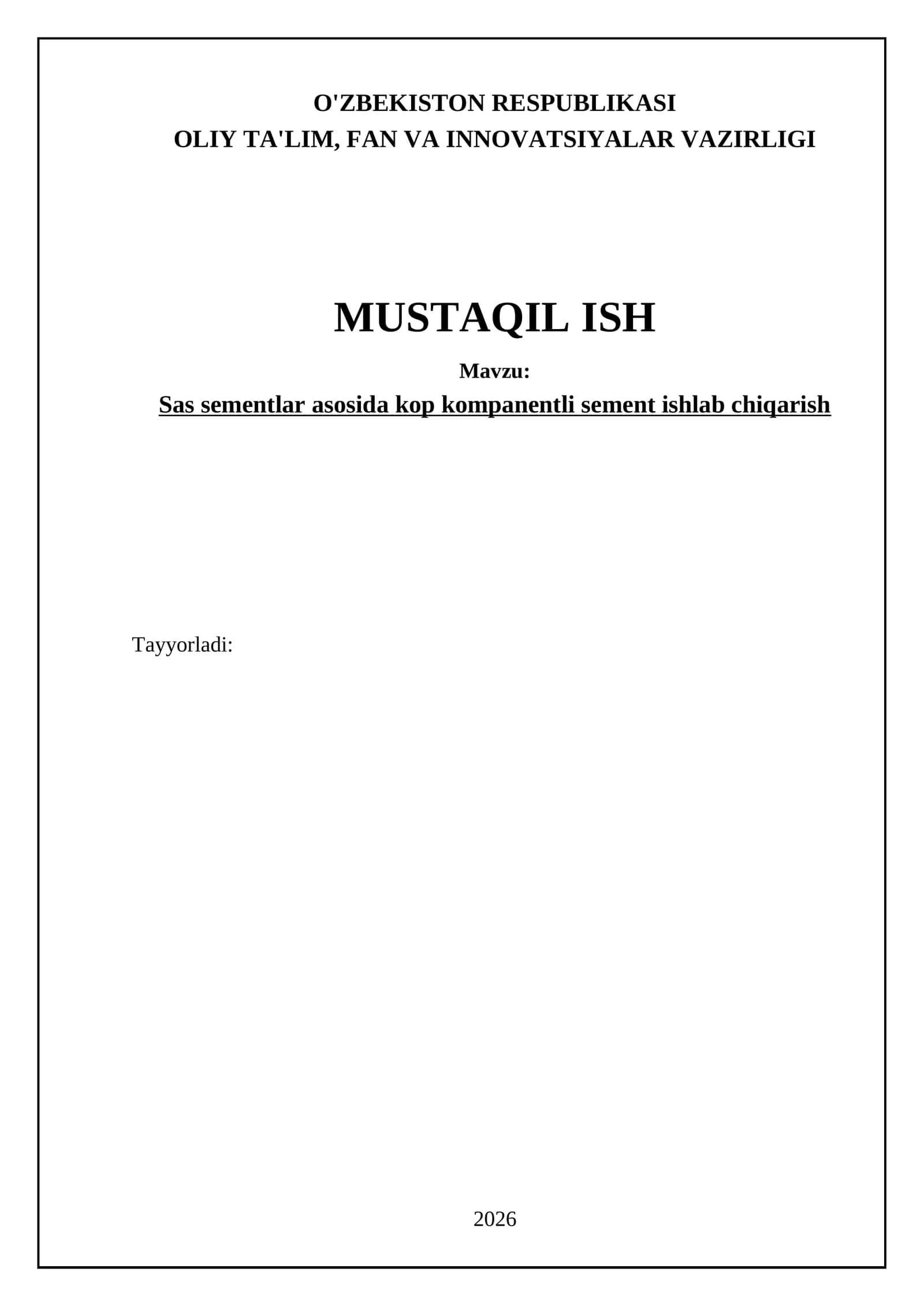 Sas sementlar asosida kop kompanentli sement ishlab chiqarish