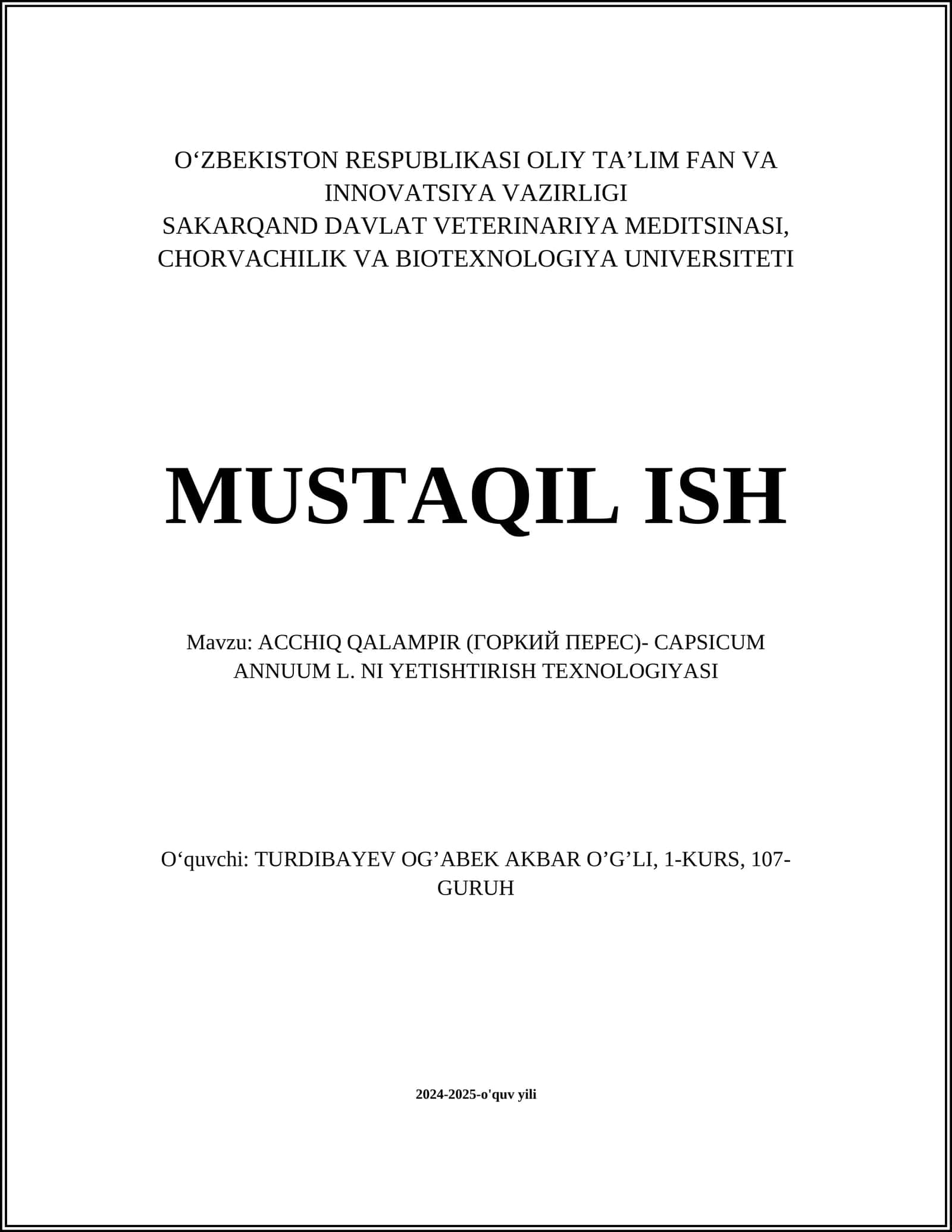 ACCHIQ QALAMPIR (ГОРКИЙ ПЕРЕС)- CAPSICUM ANNUUM L. NI YETISHTIRISH TEXNOLOGIYASI