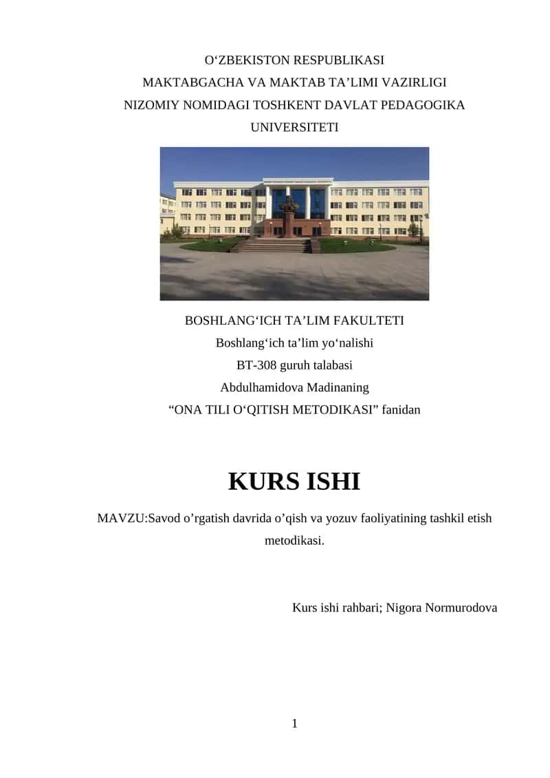 “ONA TILI O‘QITISH METODIKASI” fanidan

KURS ISHI