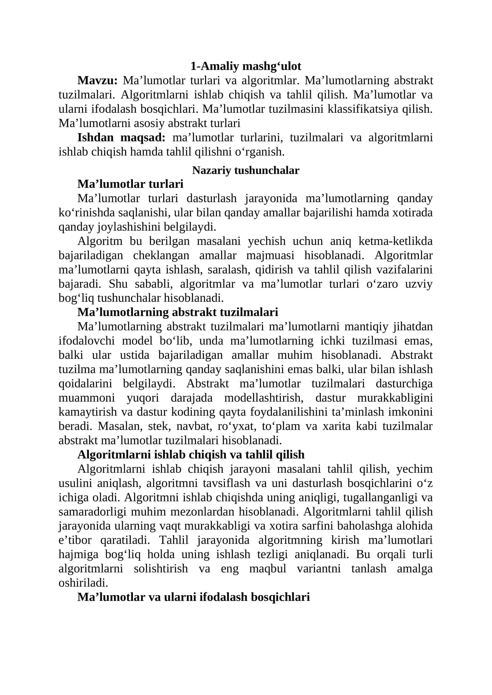 Ma'lumotlar turlari va algoritmlar