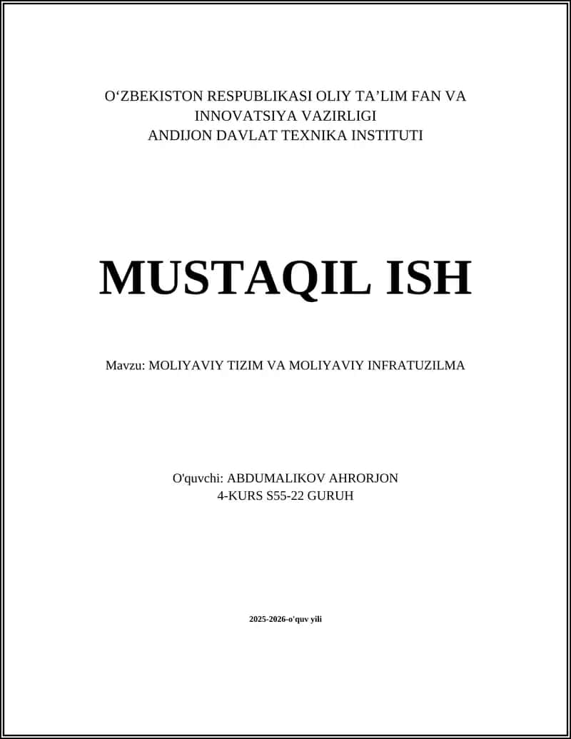 Moliyaviy Tizim va Moliyaviy Infratuzilma