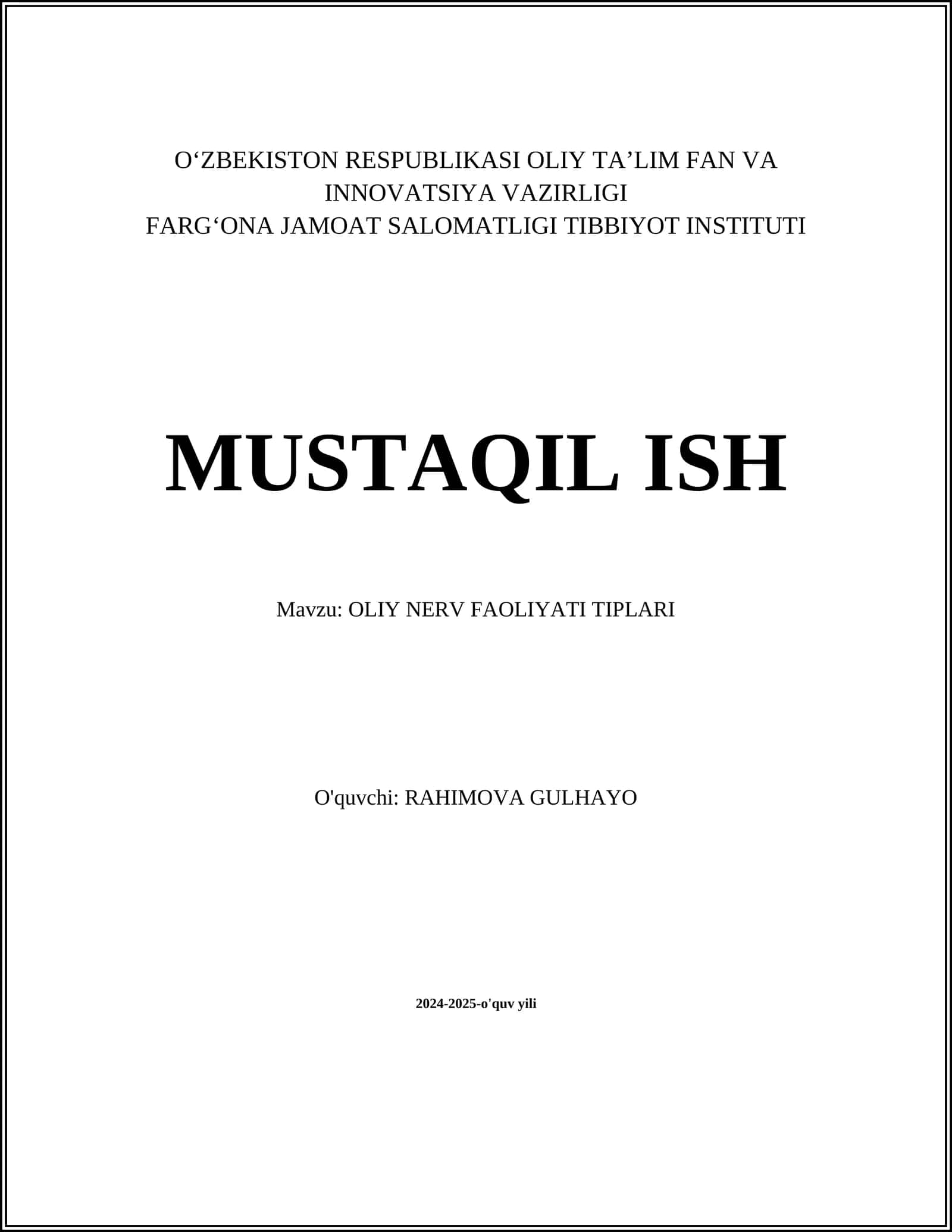 OLIY NERV FAOLIYATI TIPLARI