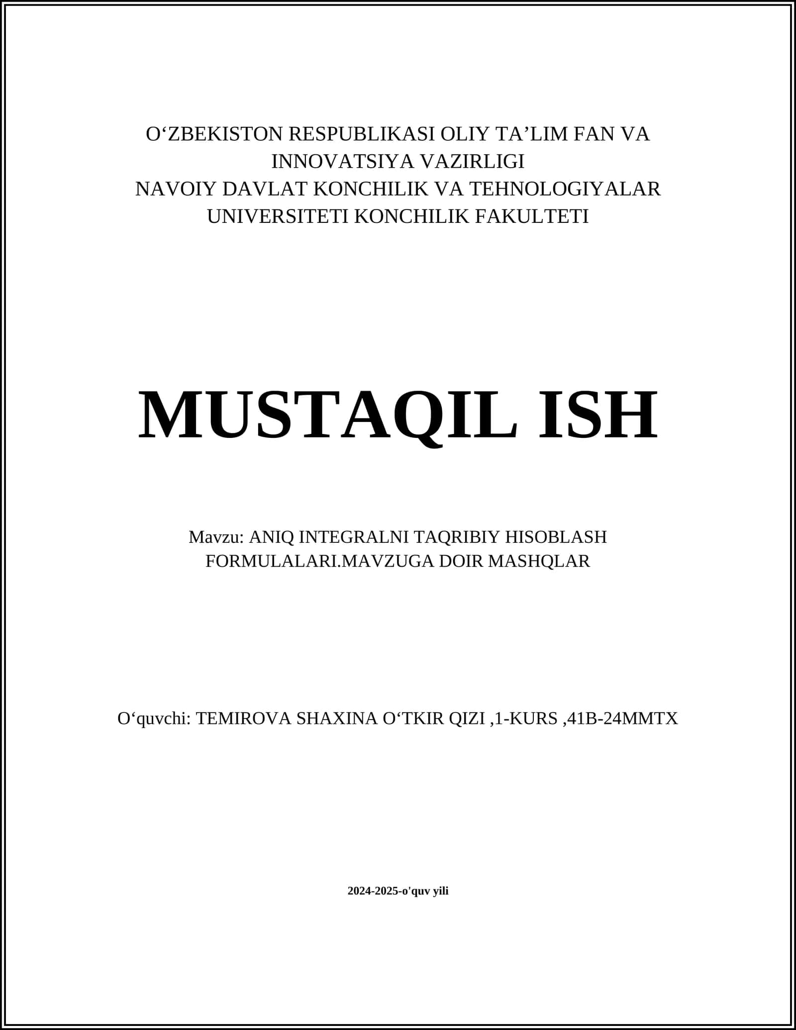 ANIQ INTEGRALNI TAQRIBIY HISOBLASH FORMULALARI