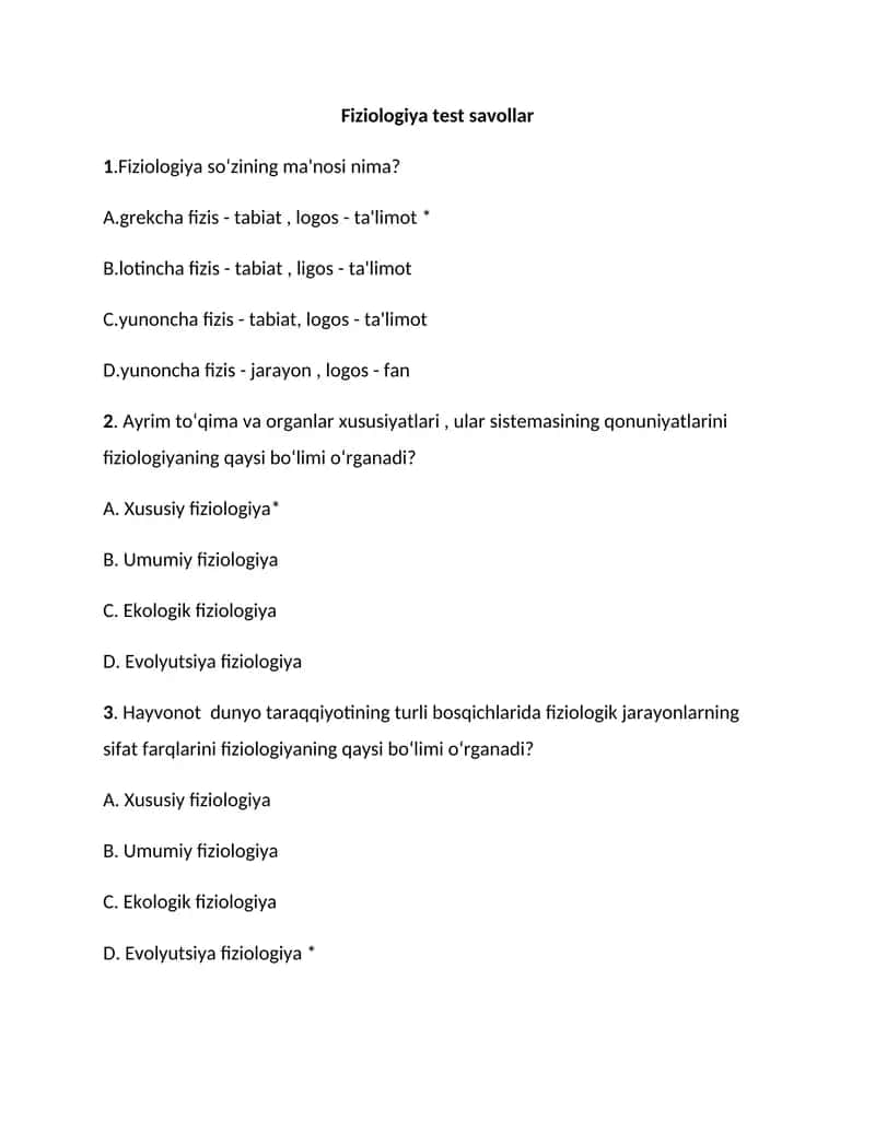 Fiziologiya test savollar