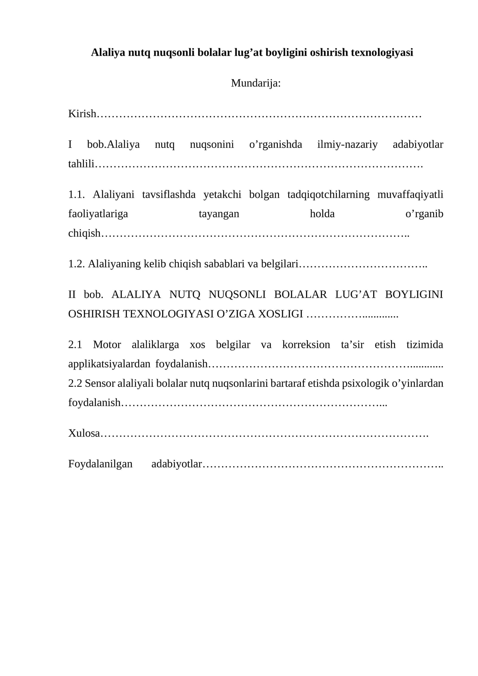 Alaliya nutq nuqsonli bolalar lug’at boyligini oshirish texnologiyasi