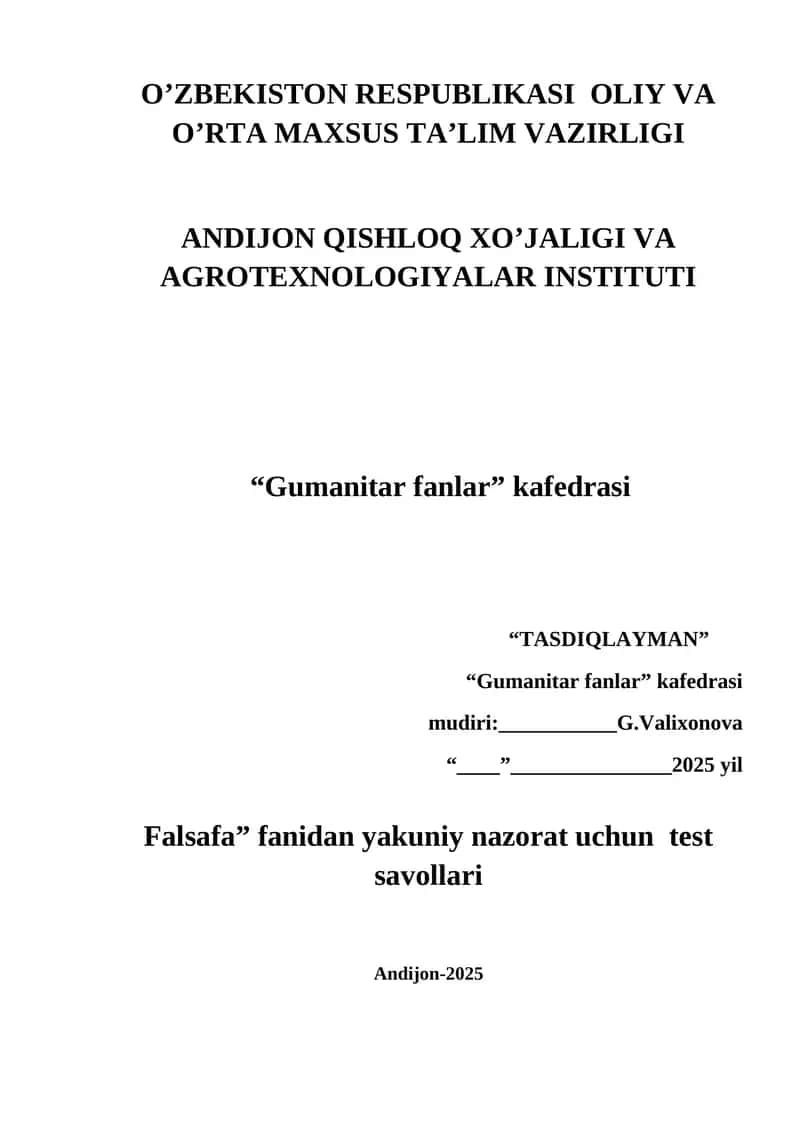 "Falsafa" fanidan yakuniy nazorat uchun test savollari