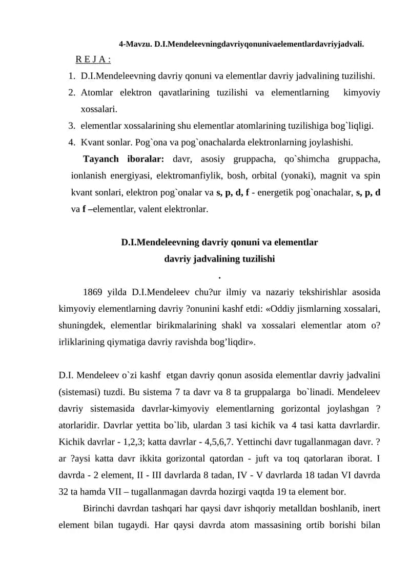 D.I.Mendeleevning davriy qonunivaelementlardavriyjadvali