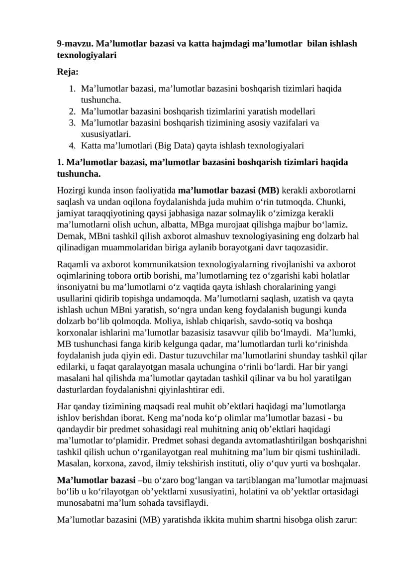 Ma’lumotlar bazasi va katta hajmdagi ma’lumotlar bilan ishlash texnologiyalari