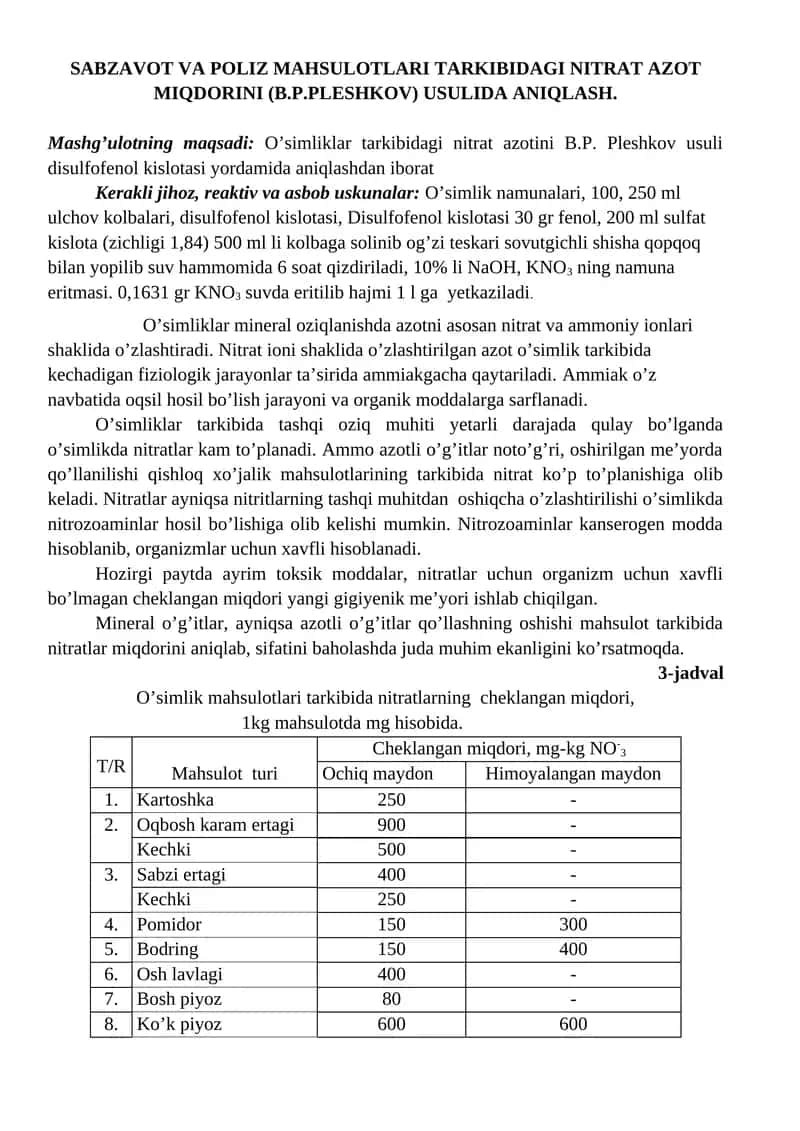 SABZAVOT VA POLIZ MAHSULOTLARI TARKIBIDAGI NITRAT AZOT MIQDORINI (B.P.PLESHKOV) USULIDA ANIQLASH.