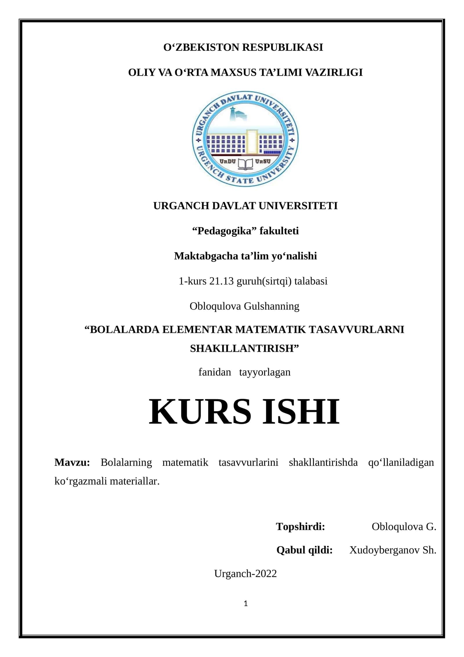 BOLALARDA ELEMENTAR MATEMATIK TASAVVURLARNI SHAKILLANTIRISH