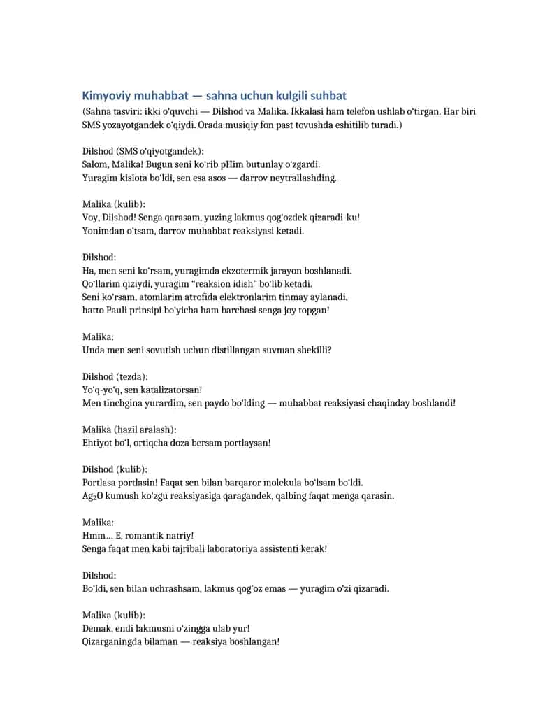 Kimyoviy muhabbat — sahna uchun kulgili suhbat