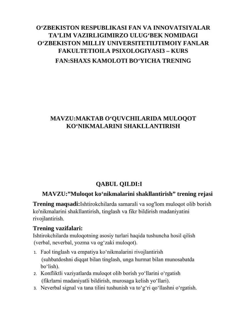 MAKTAB O‘QUVCHILARIDA MULOQOT KO‘NIKMALARINI SHAKLLANTIRISH