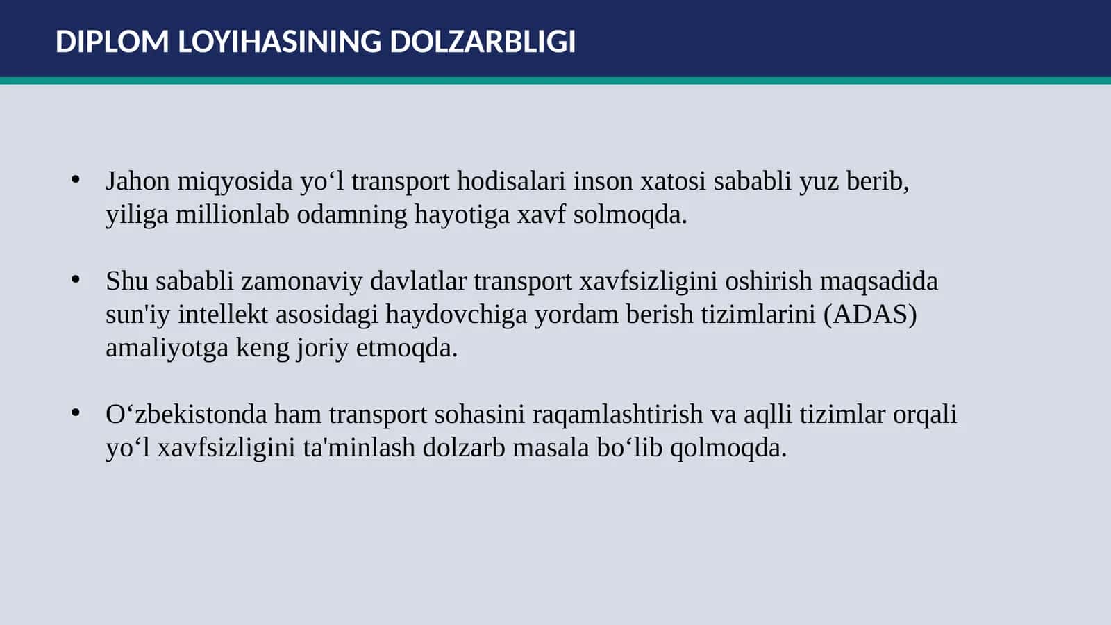 Sun’iy intellekt asosida yo‘l harakati obyektlarini aniqlash va haydovchi uchun aqlli tavsiya tizimini ishlab chiqish diplom loyiha slaydi