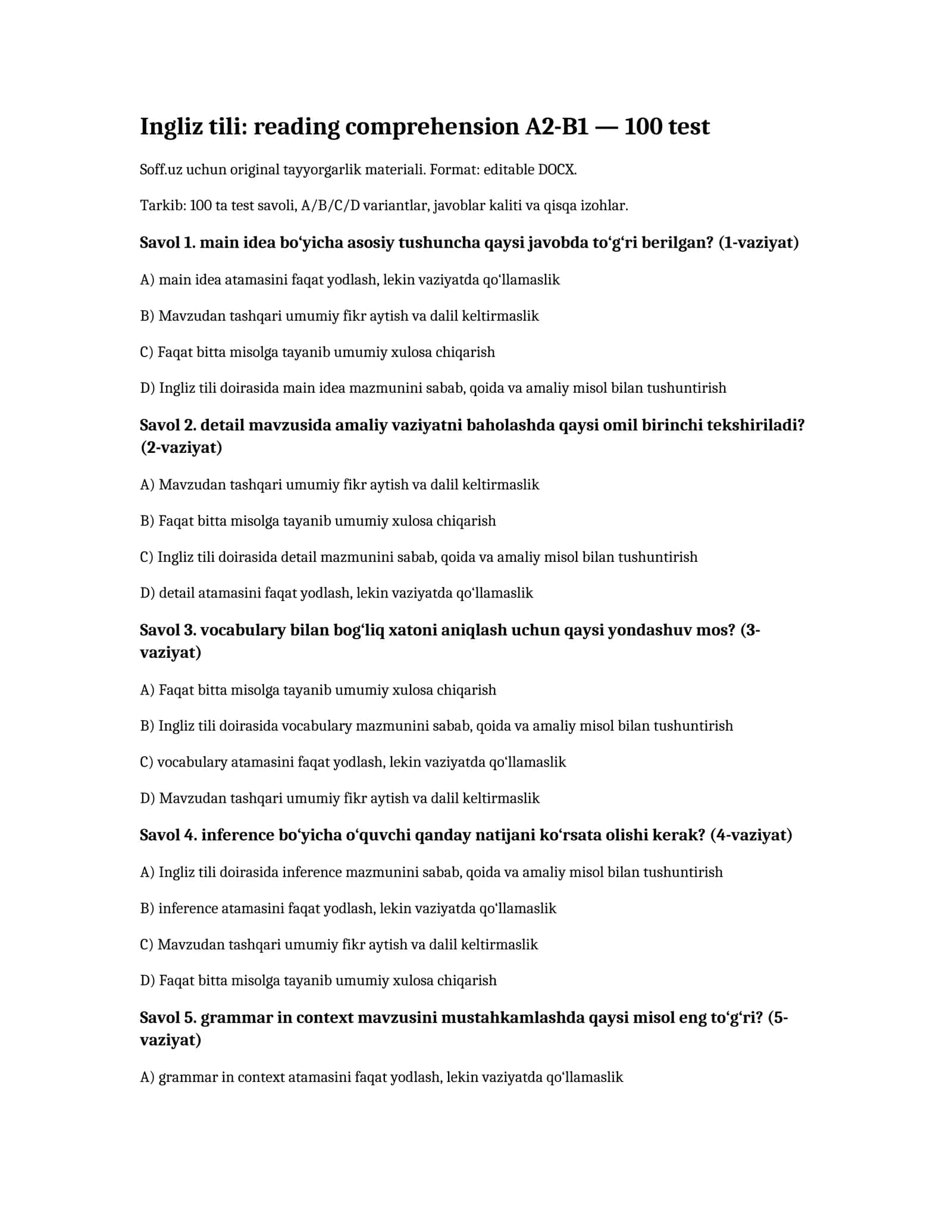 Ingliz tili: reading comprehension A2-B1 — 100 test