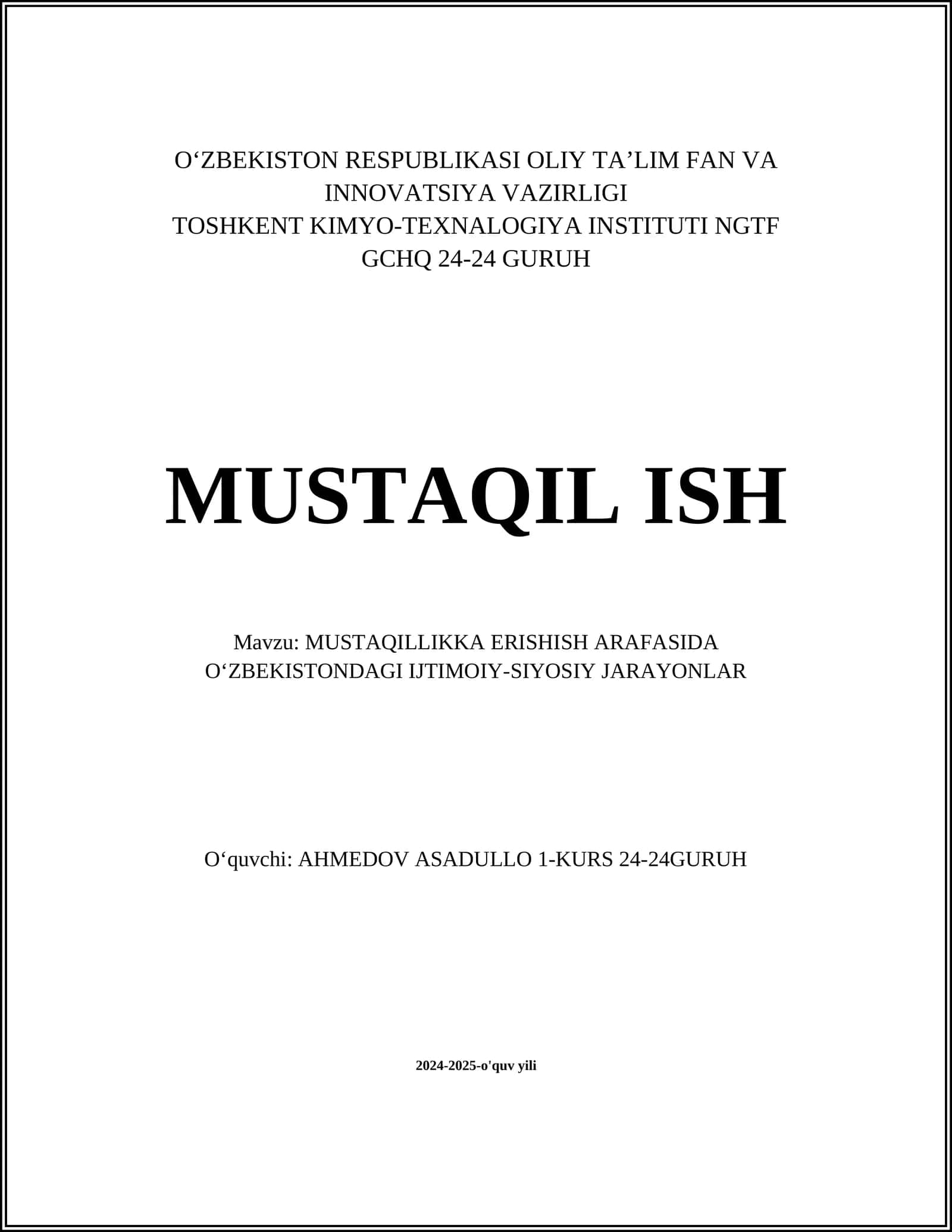 MUSTAQILLIKKA ERISHISH ARAFASIDA OʻZBEKISTONDAGI IJTIMOIY-SIYOSIY JARAYONLAR