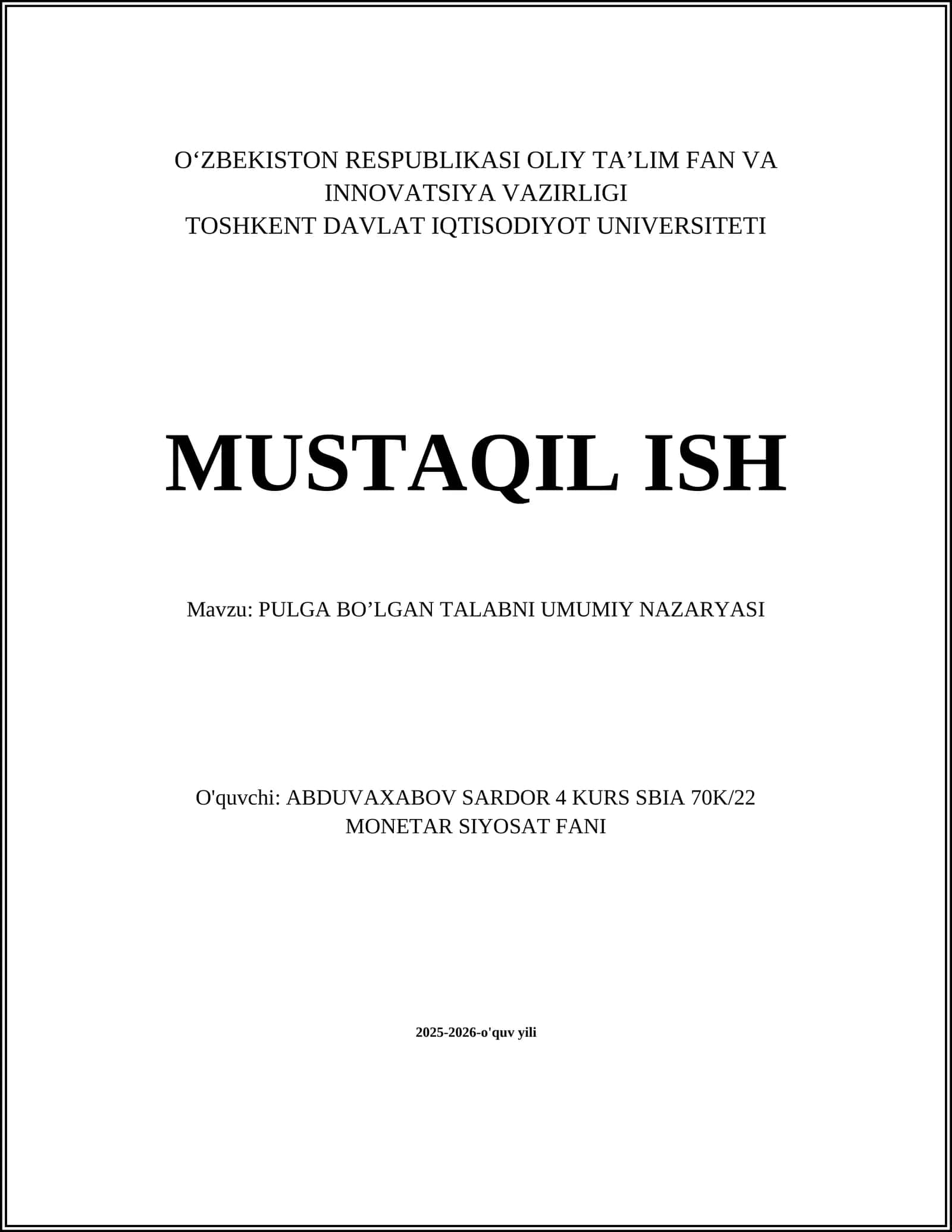 Pulga bo‘lgan talabni umumiy nazariyasi