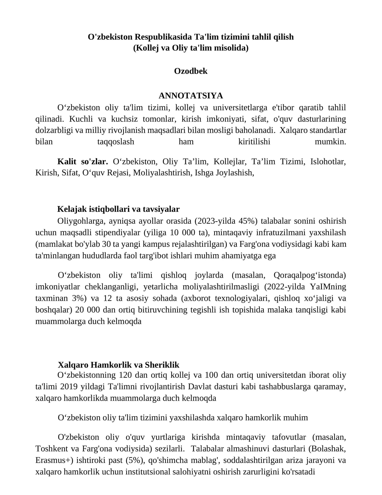 O'zbekiston Respublikasida Ta'lim tizimini tahlil qilish (Kollej va Oliy ta'lim misolida)