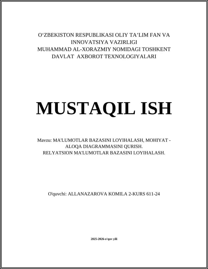 MA'LUMOTLAR BAZASINI LOYIHALASH, MOHIYAT - ALOQA DIAGRAMMASINI QURISH
