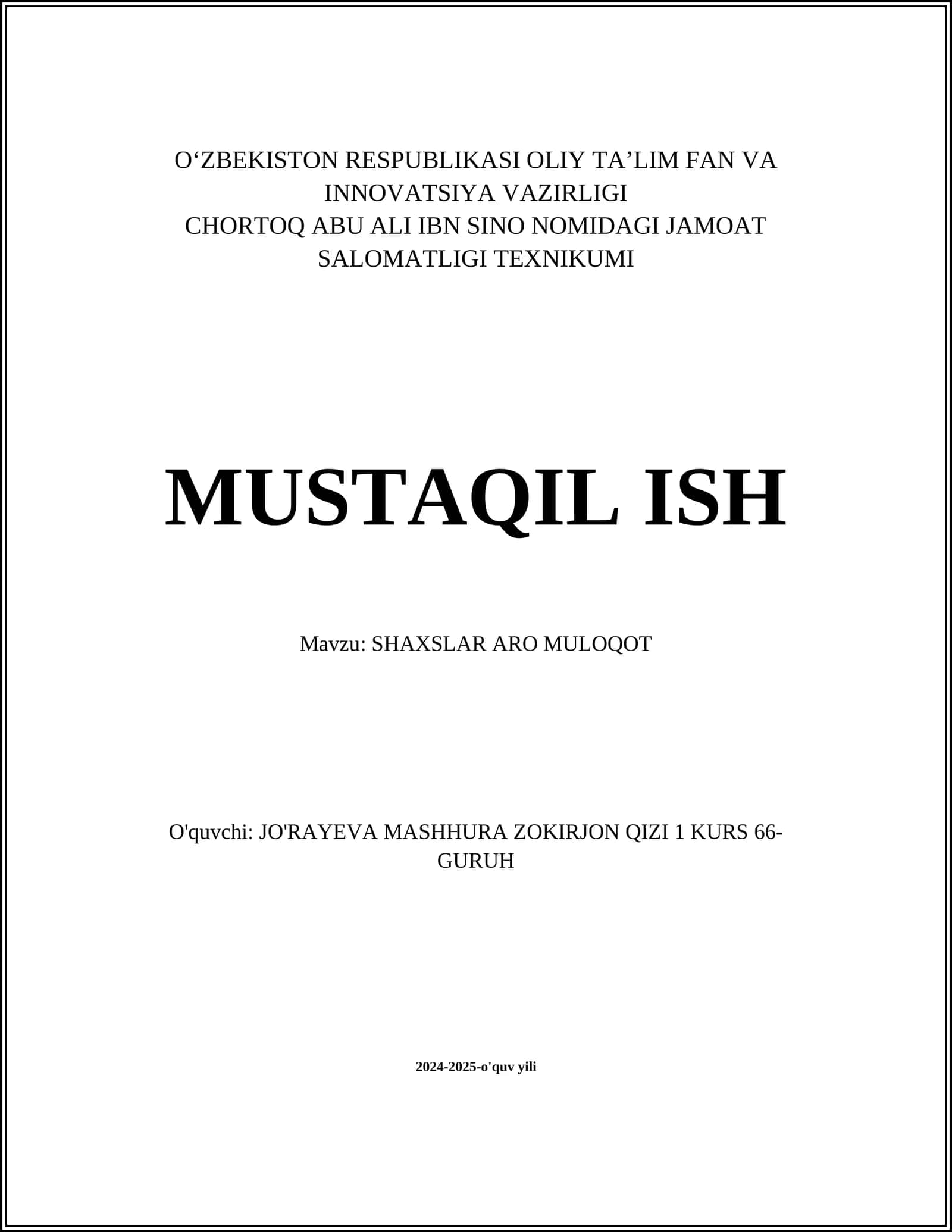SHAXSLAR ARO MULOQOT