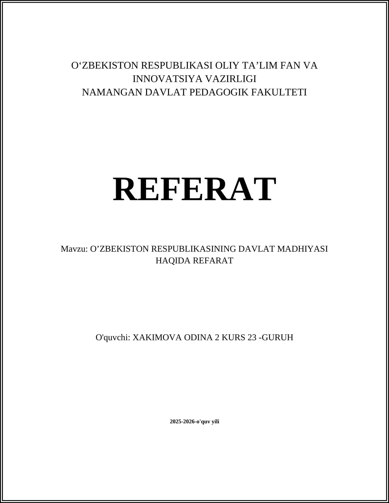 O‘ZBEKISTON RESPUBLIKASI OLIY TA’LIM FAN VA INNOVATSIYA VAZIRLIGI