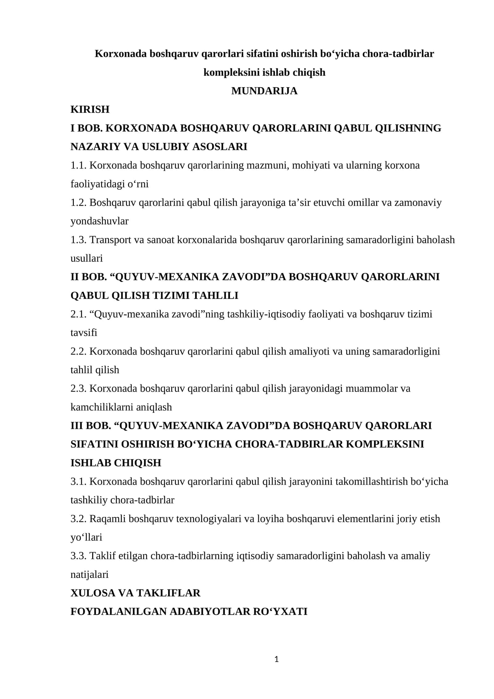 “QUYUV-MEXANIKA ZAVODI”DA BOSHQARUV QARORLARI SIFATINI OSHIRISH BO‘YICHA CHORA-TADBIRLAR KOMPLEKSINI ISHLAB CHIQISH