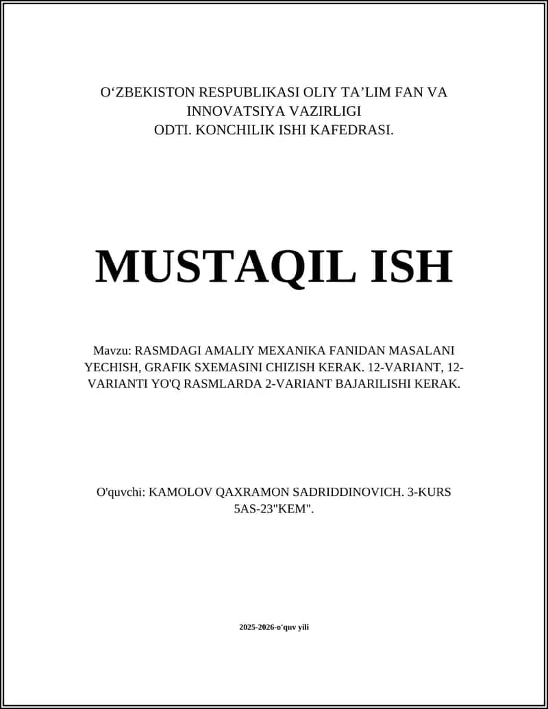 Rasmdagi Amaliy Mexanika Fanidan Masalani Yechish