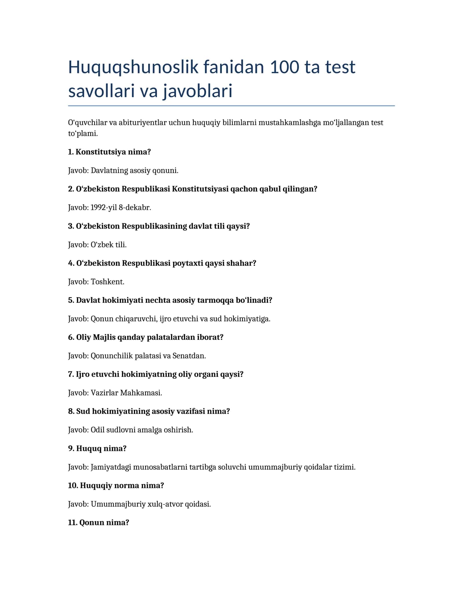 Huquqshunoslik fanidan 100 ta test savollari va javoblari