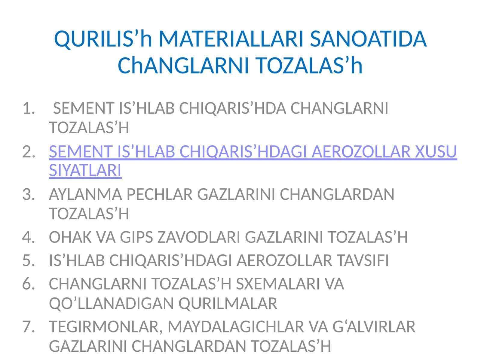 Sement ishlab chiqarishdagi aerozollar xususiyatlari