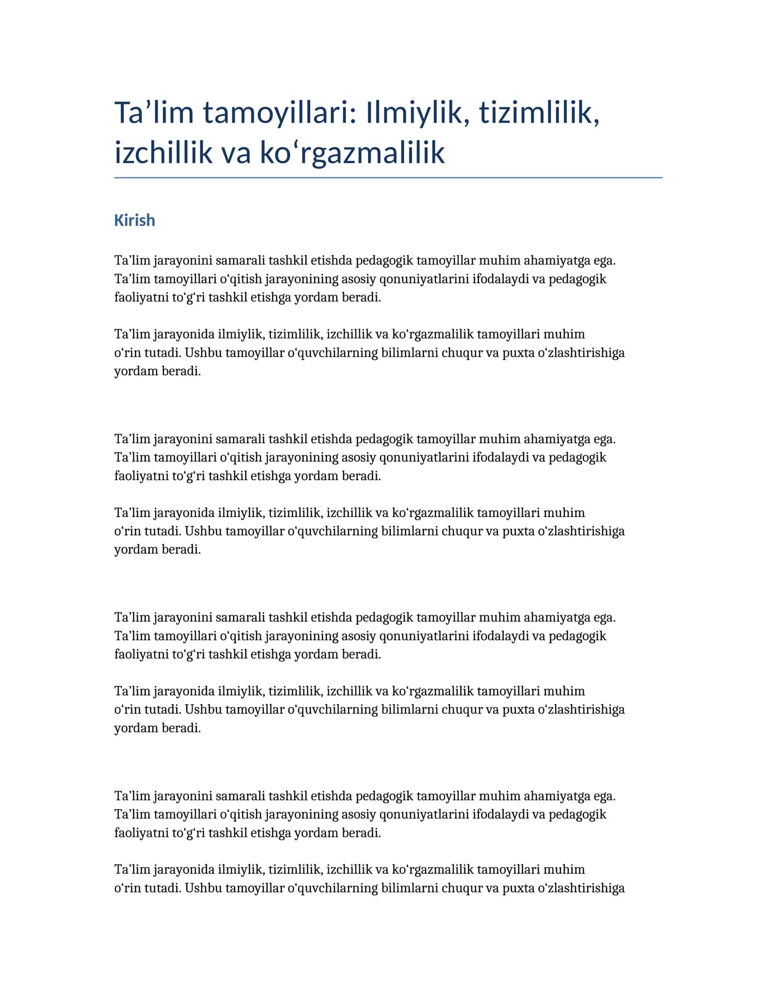 Ta’lim tamoyillari: Ilmiylik, tizimlilik, izchillik va ko‘rgazmalilik
