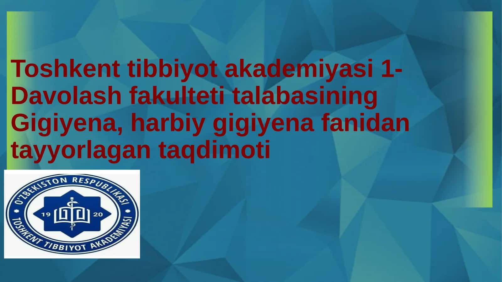 Gigiyena, harbiy gigiyena fanidan tayyorlagan taqdimoti