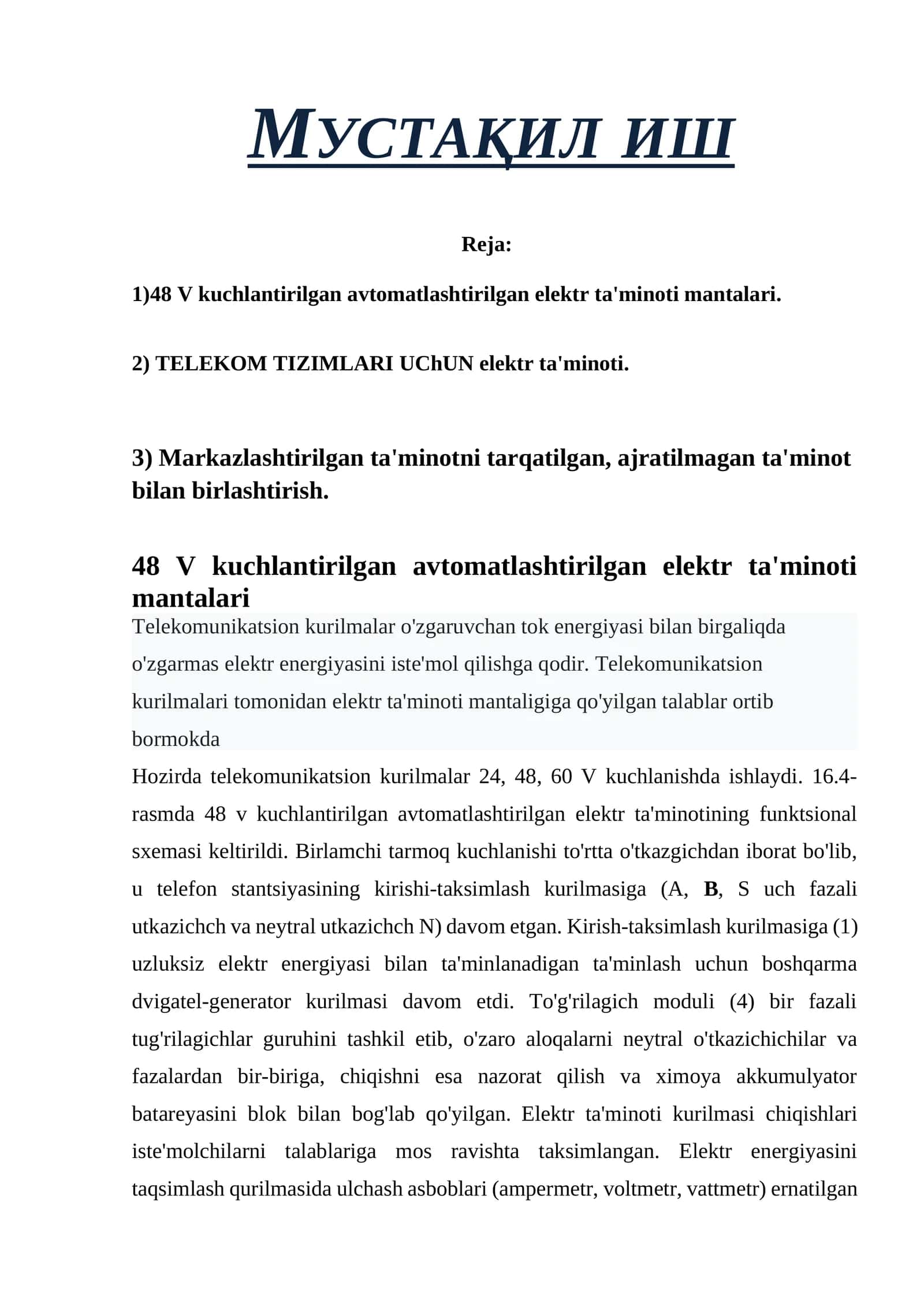 48 V kuchlantirilgan avtomatlashtirilgan elektr ta'minoti manbalari