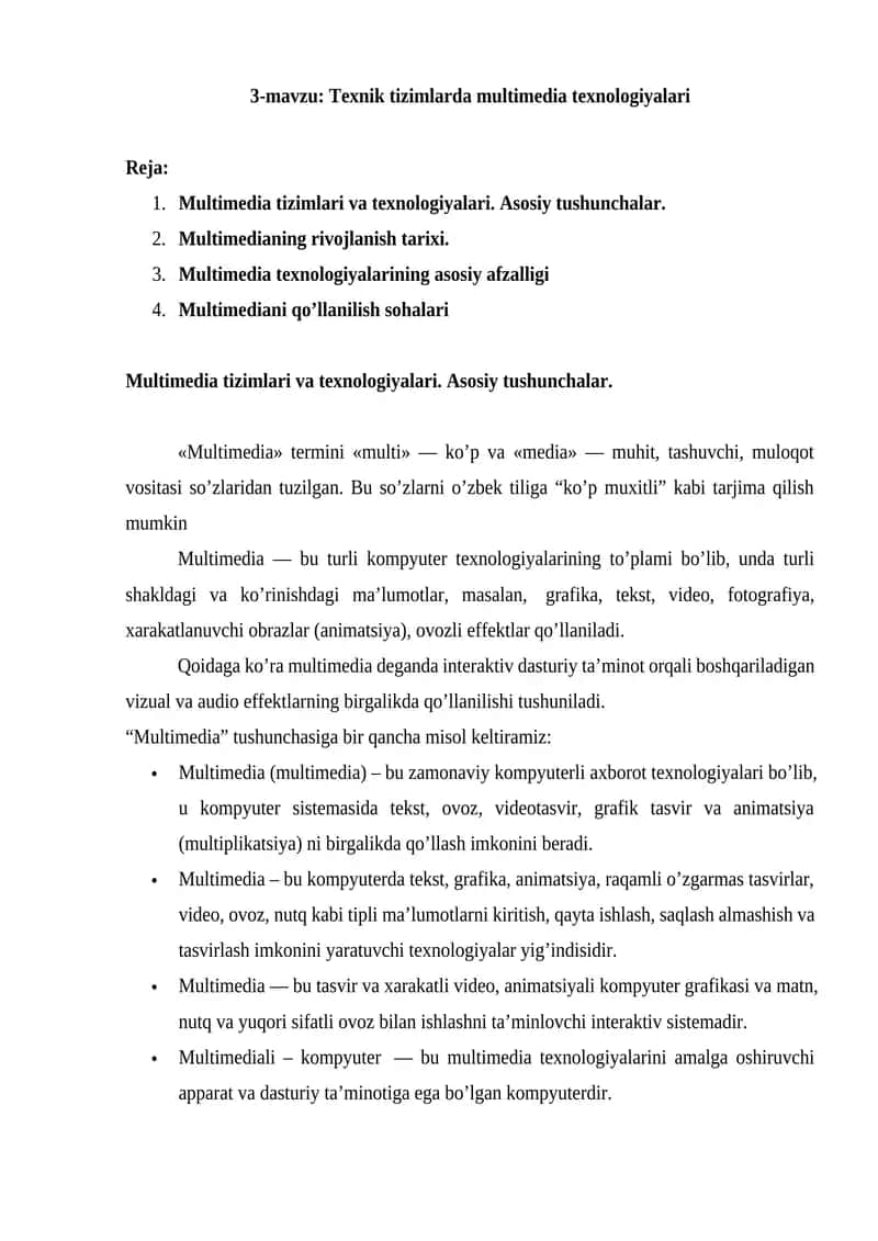 Multimedia tizimlarda multimedia texnologiyalari