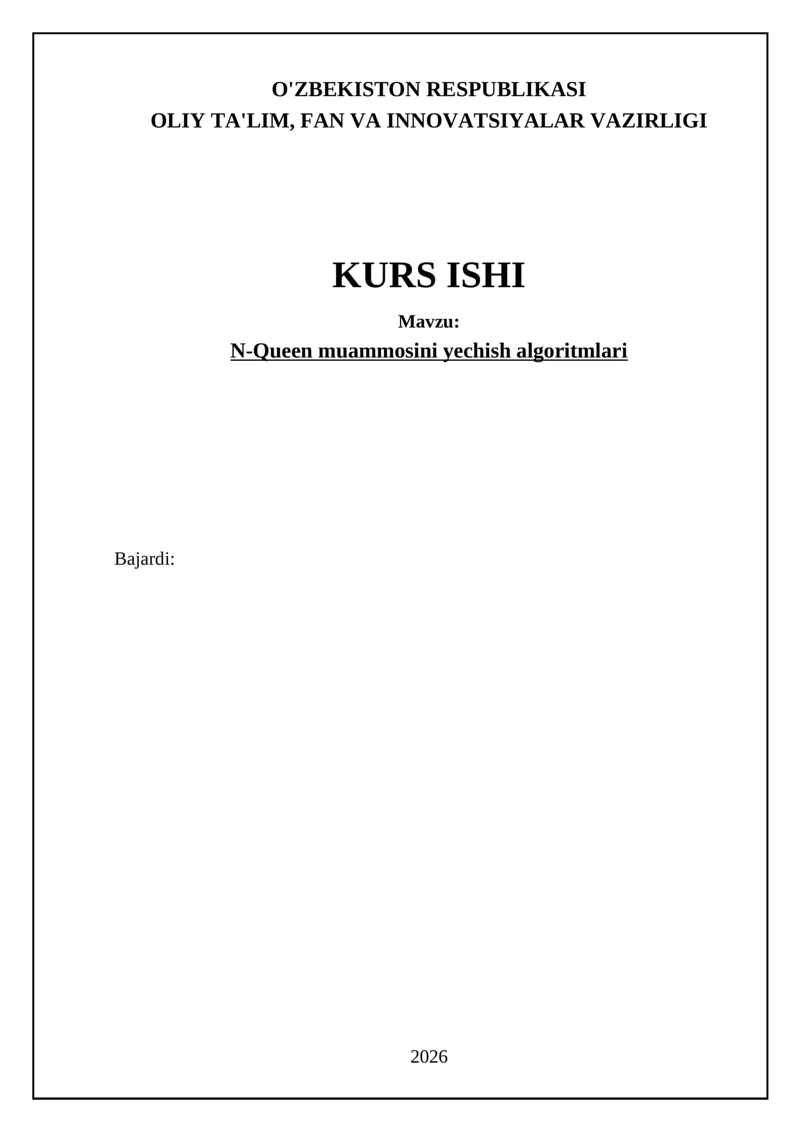 N-Queen muammosini yechish algoritmlari